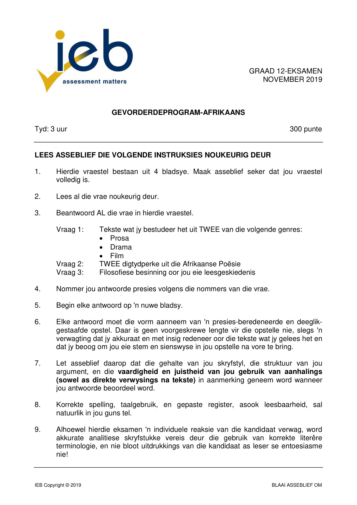 Afrikaans Grade 12 IEB NSC November 2019 - Question Paper