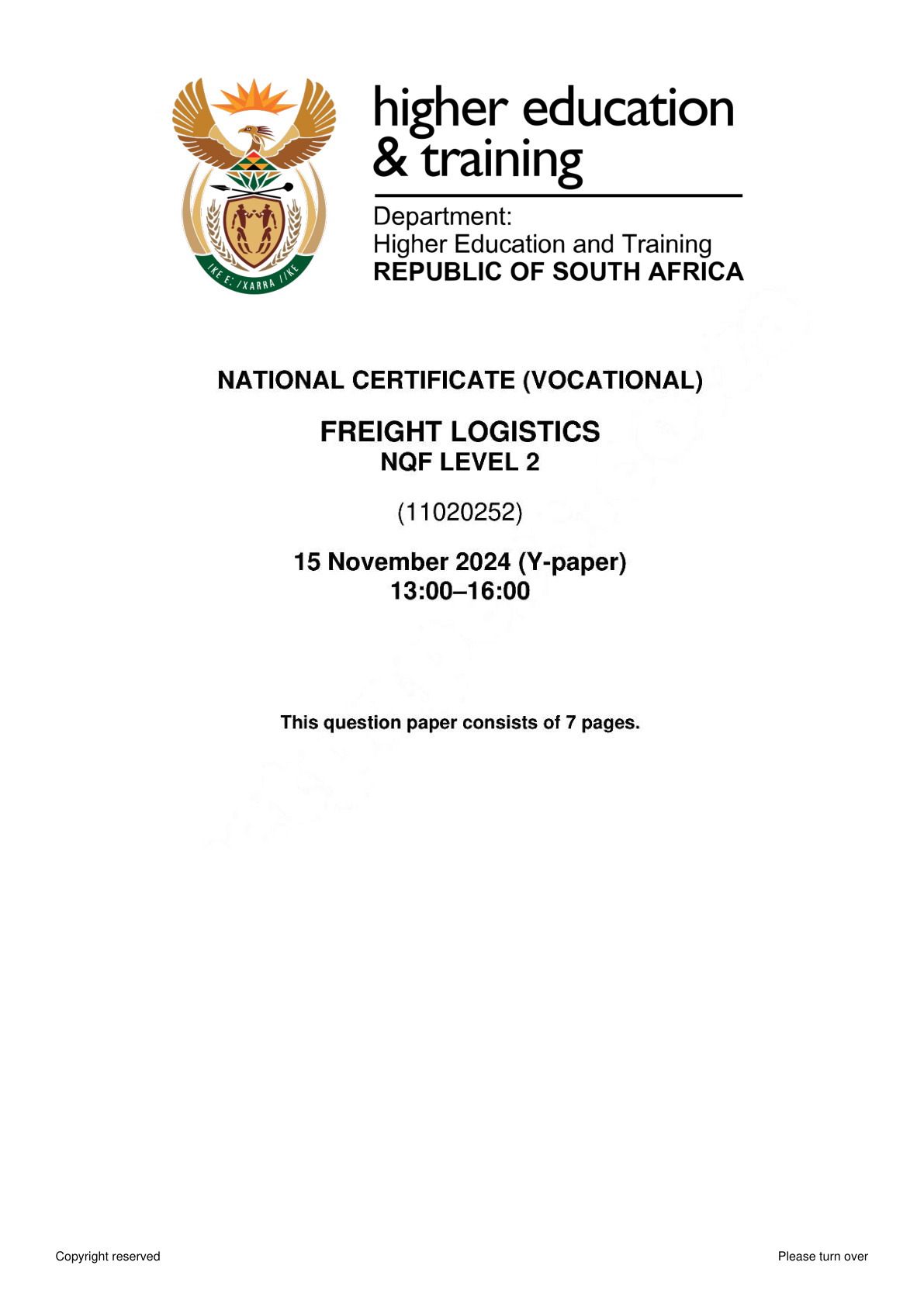 Freight Logistics Level 2 DHET NCV November 2024 - Question Paper