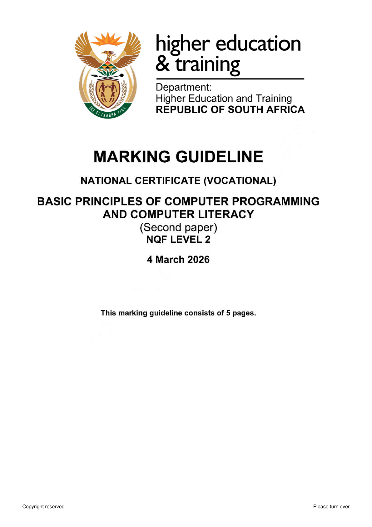 Basic Principles of Computer Programming and Computer Literacy Level 2 DHET NCV 2026 Paper 2 - Memo