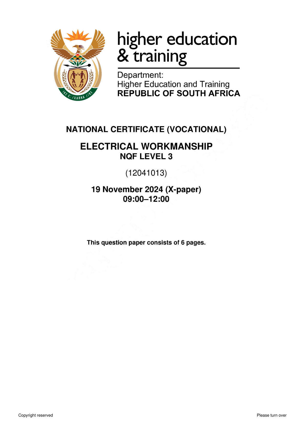 Electrical Workmanship Level 3 DHET NCV November 2024 - Question Paper