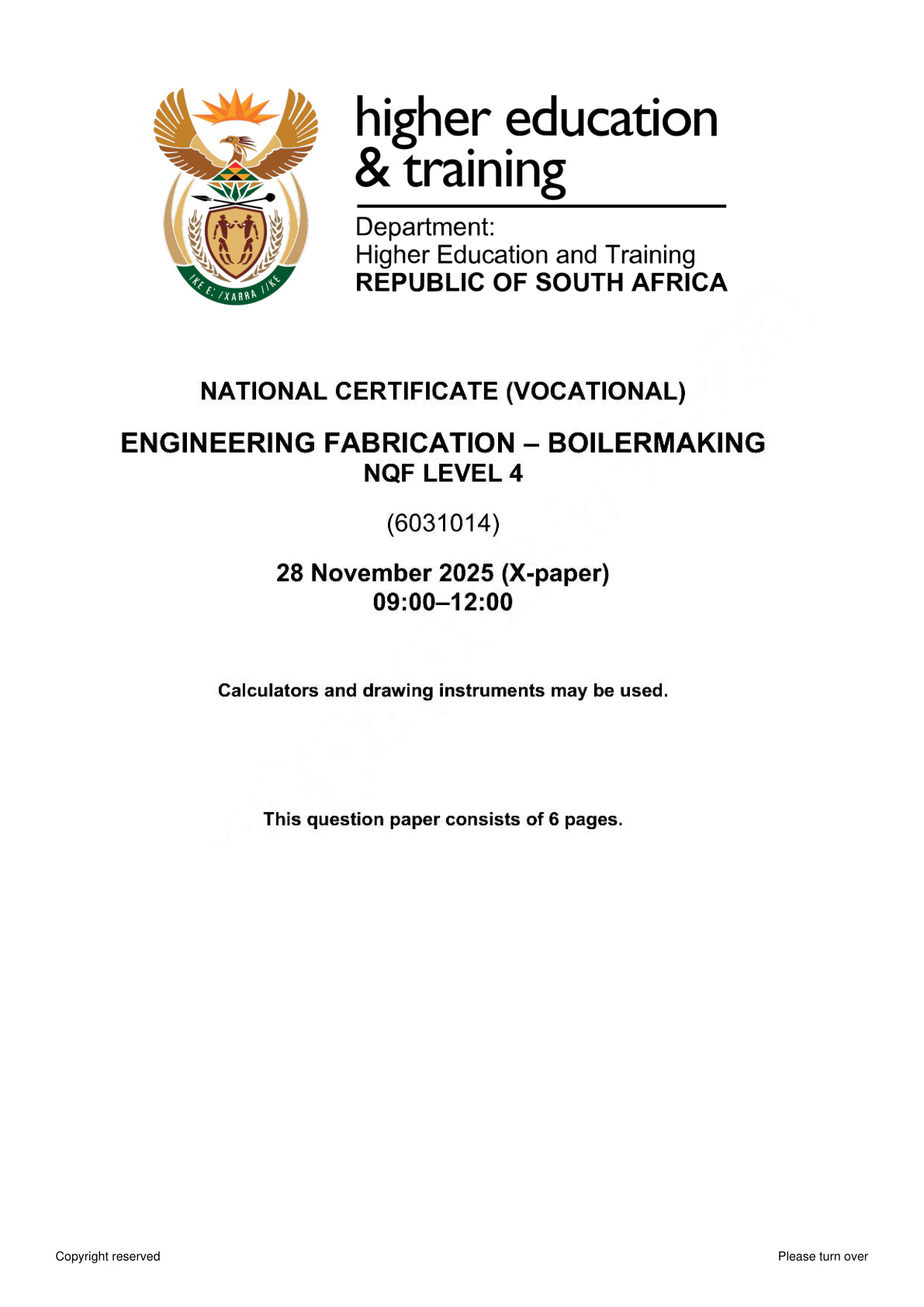 Engineering Fabrication: Boilermaking Level 4 DHET NCV November 2025 - Question Paper