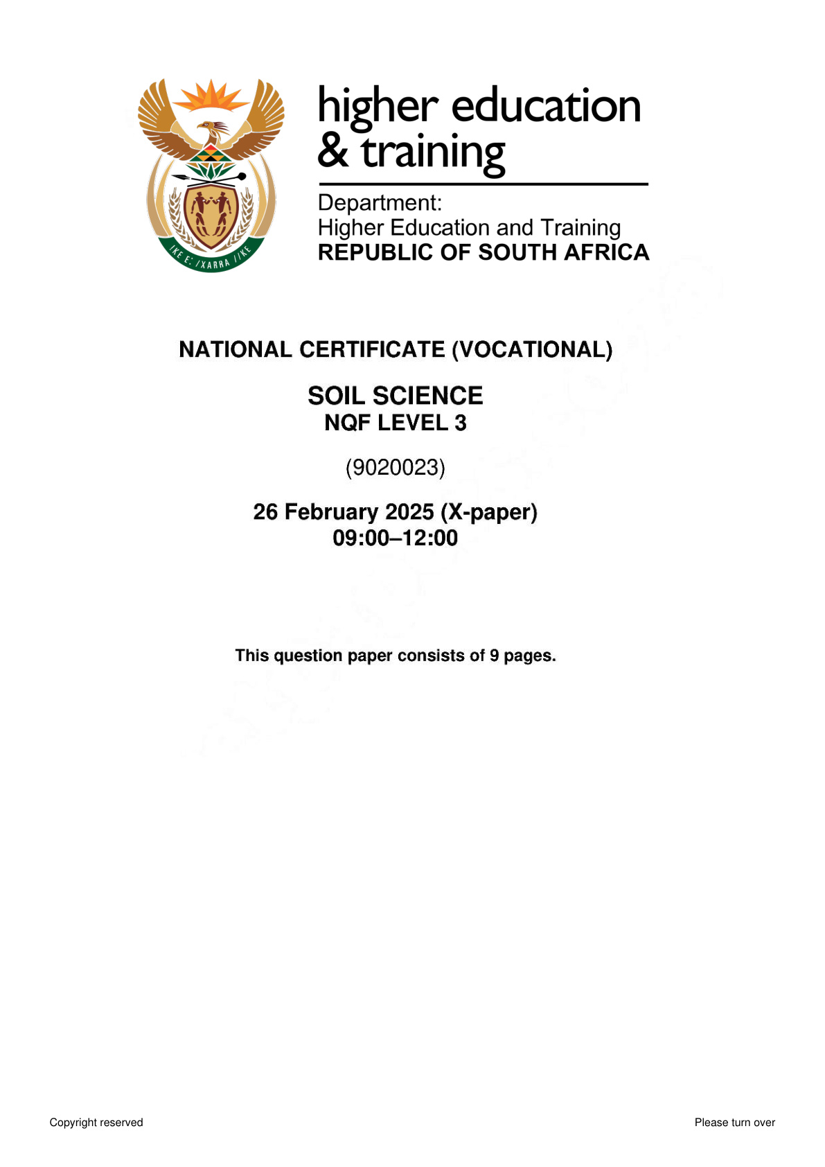 Soil Science Level 3 DHET NCV February 2025 - Question Paper