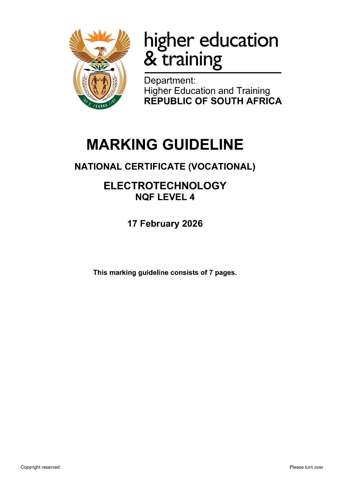 Electrotechnology Level 4 DHET NCV 2026 - Memo