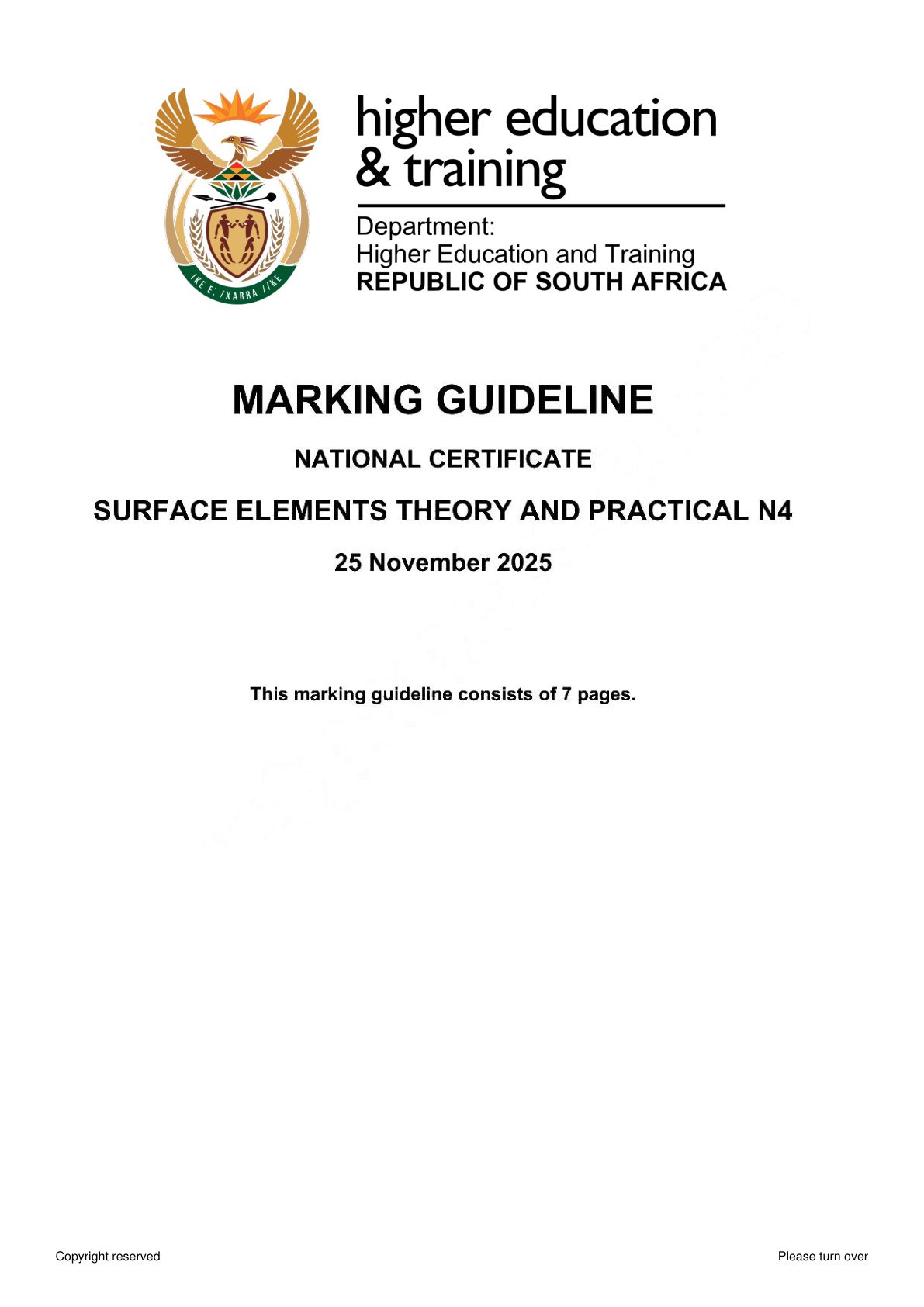 Surface Elements Theory and Practical N4 DHET NATED November 2025 - Memo