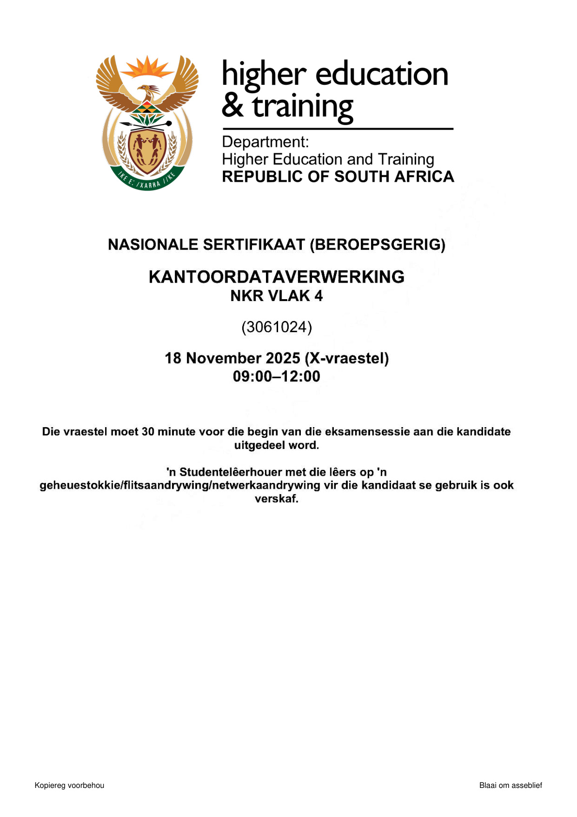 Office Data Processing Level 4 DHET NCV November 2025 - Question Paper