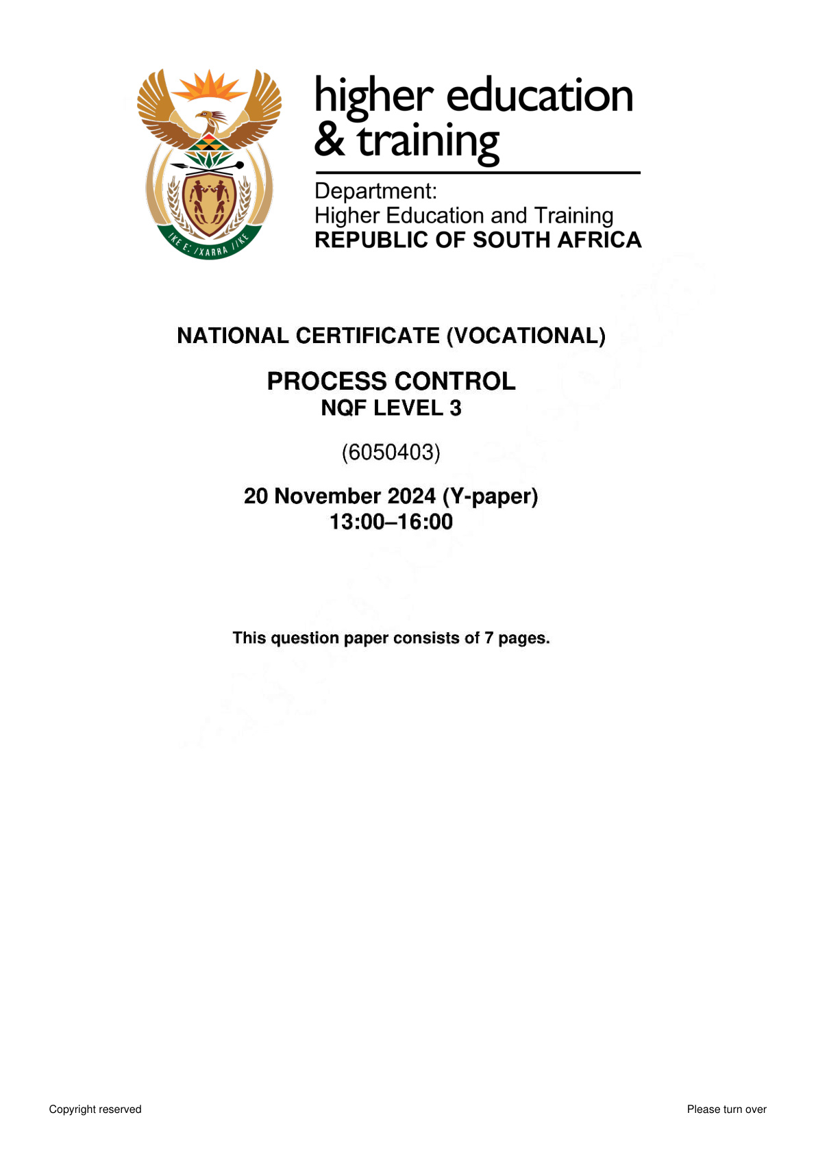 Process Control Level 3 DHET NCV November 2024 - Question Paper