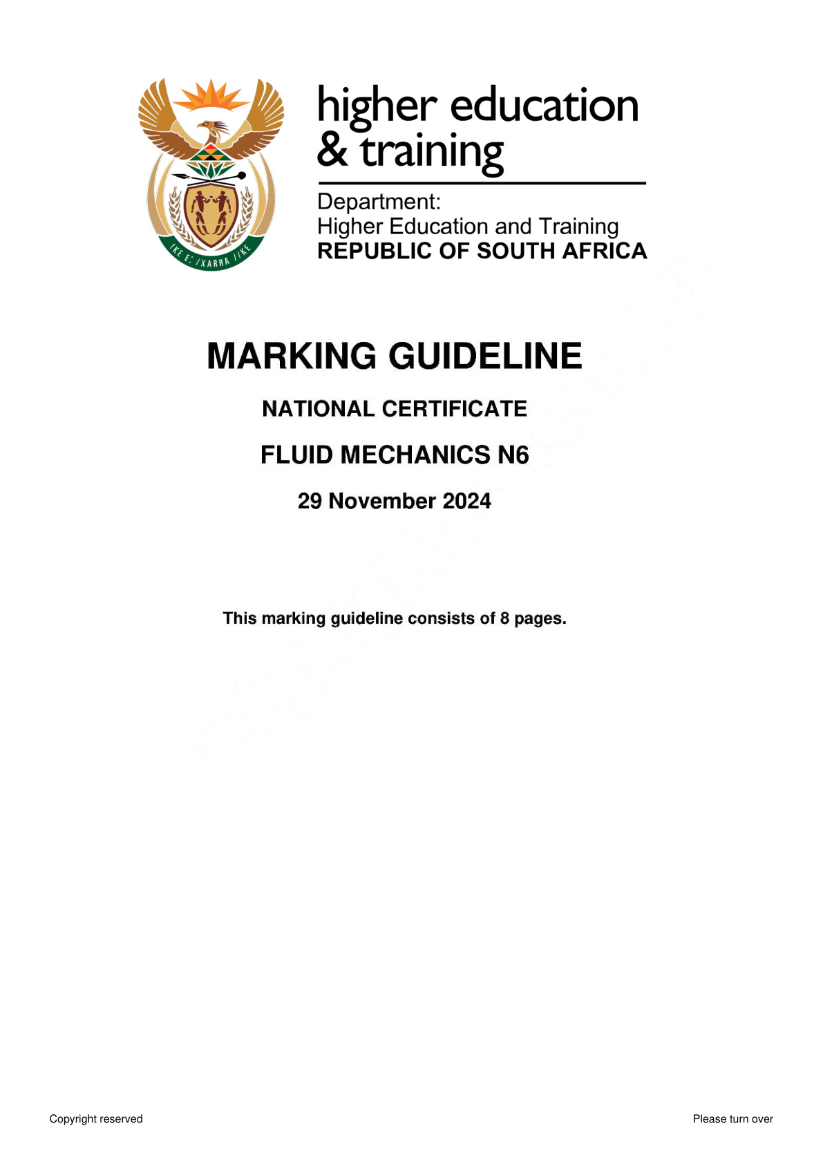Fluid Mechanics N6 DHET NATED November 2024 - Memo