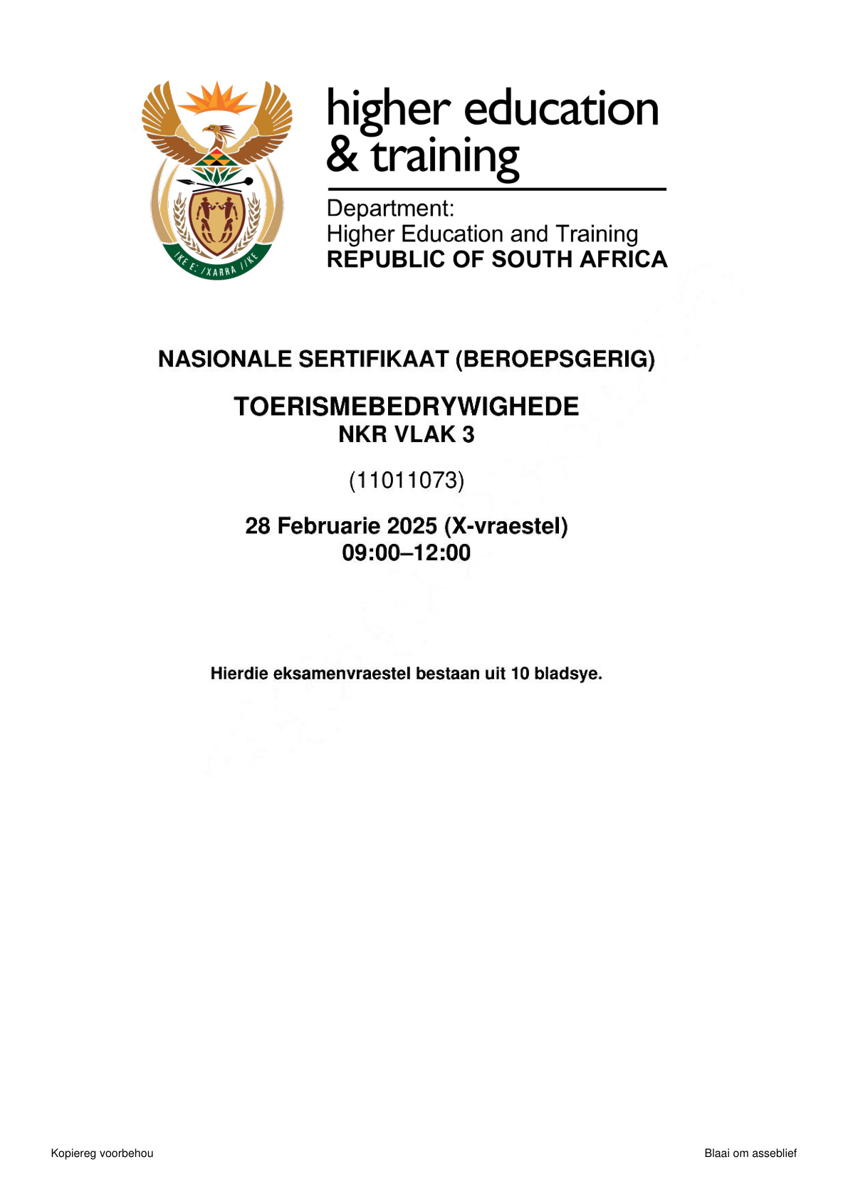 Tourism Operations Level 3 DHET NCV February 2025 - Question Paper