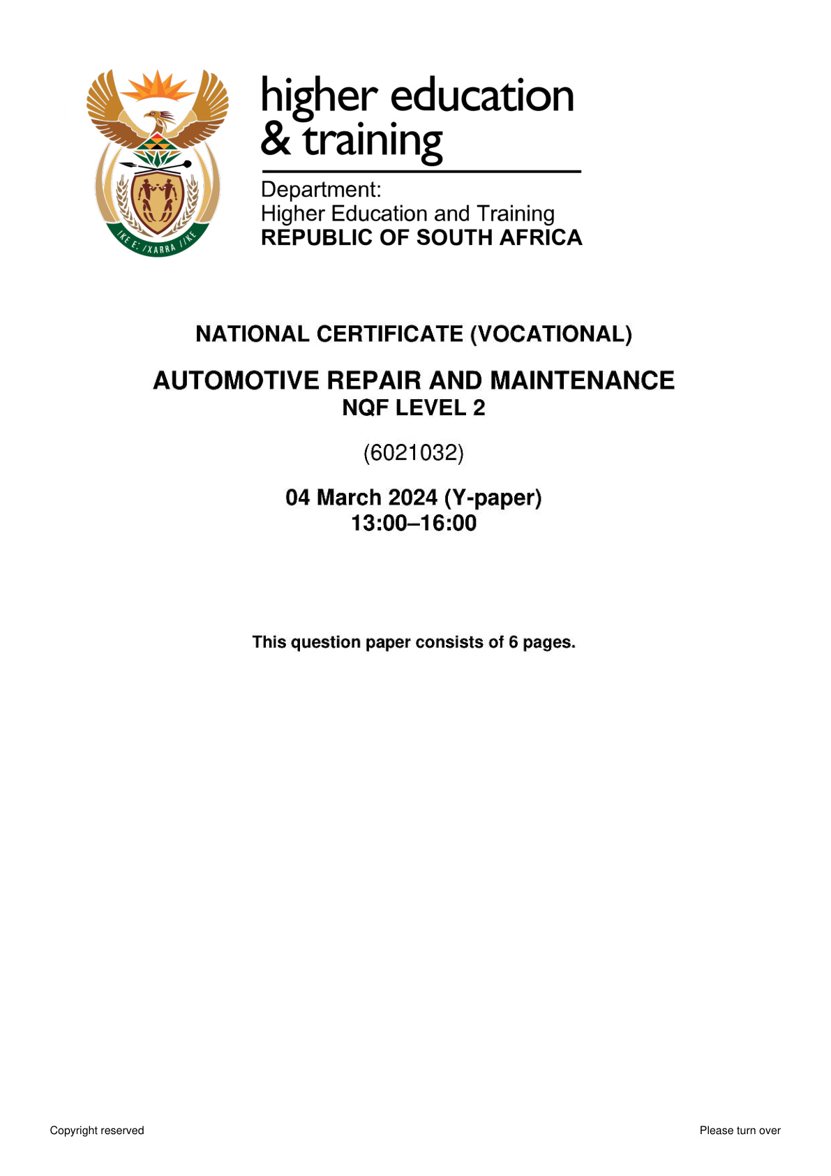 Automotive Repair and Maintenance Level 2 DHET NCV 2024 - Question Paper