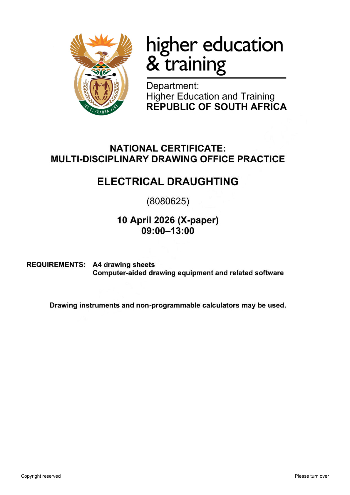 Electrical Draughting DHET NATED April 2026 - Question Paper