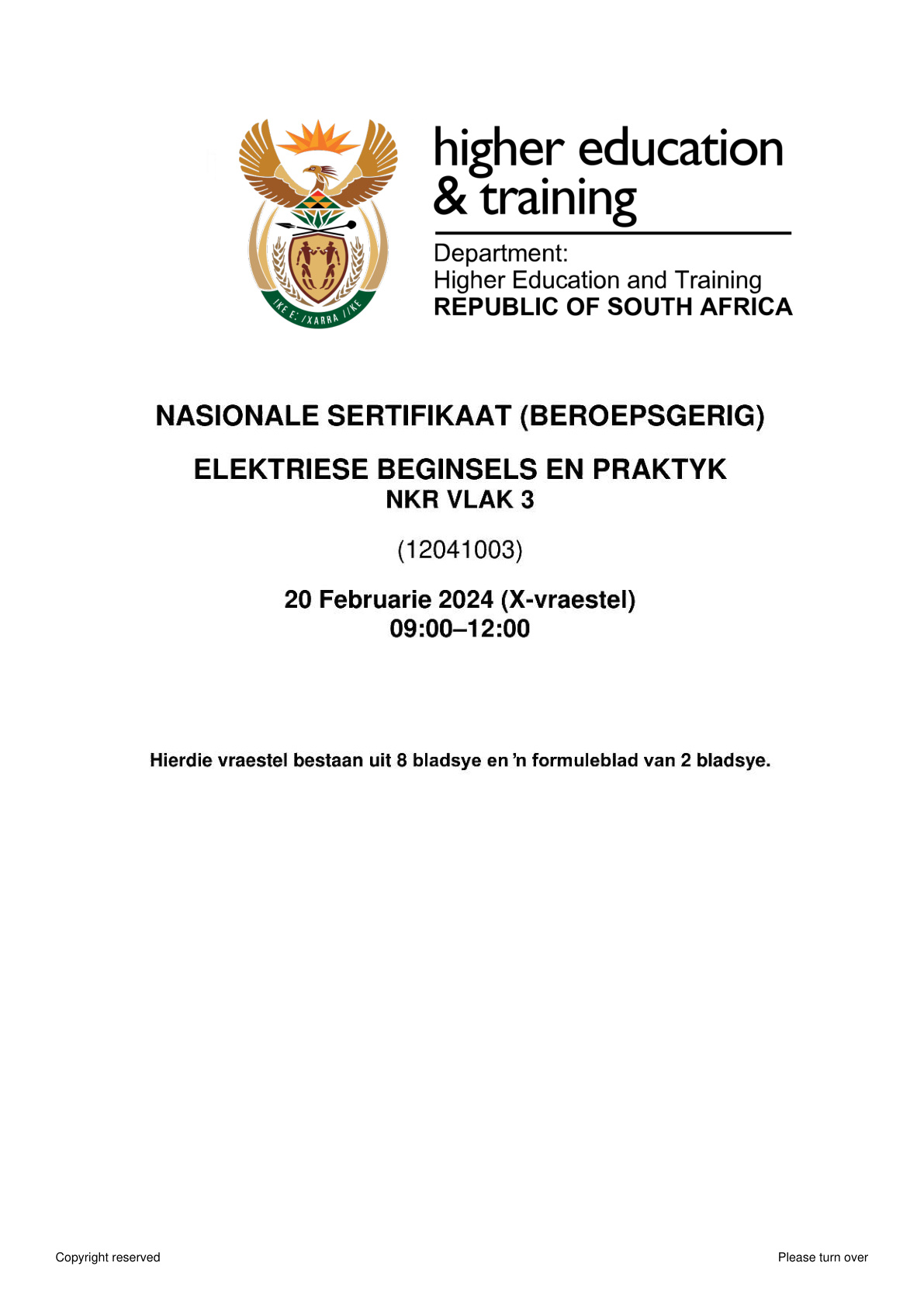 Electrical Principles and Practice Level 3 DHET NCV 2024 - Question Paper