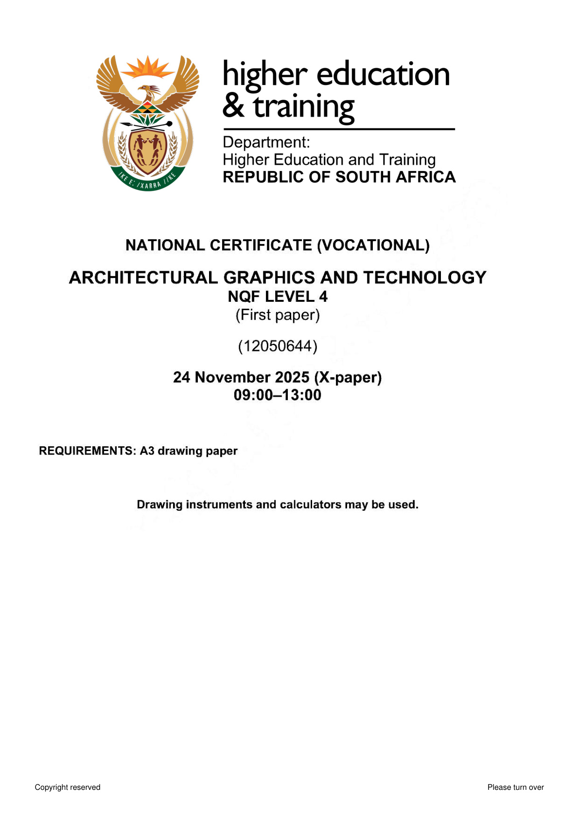 Architectural Graphics and Technology Level 4 DHET NCV November 2025 Paper 1 - Question Paper