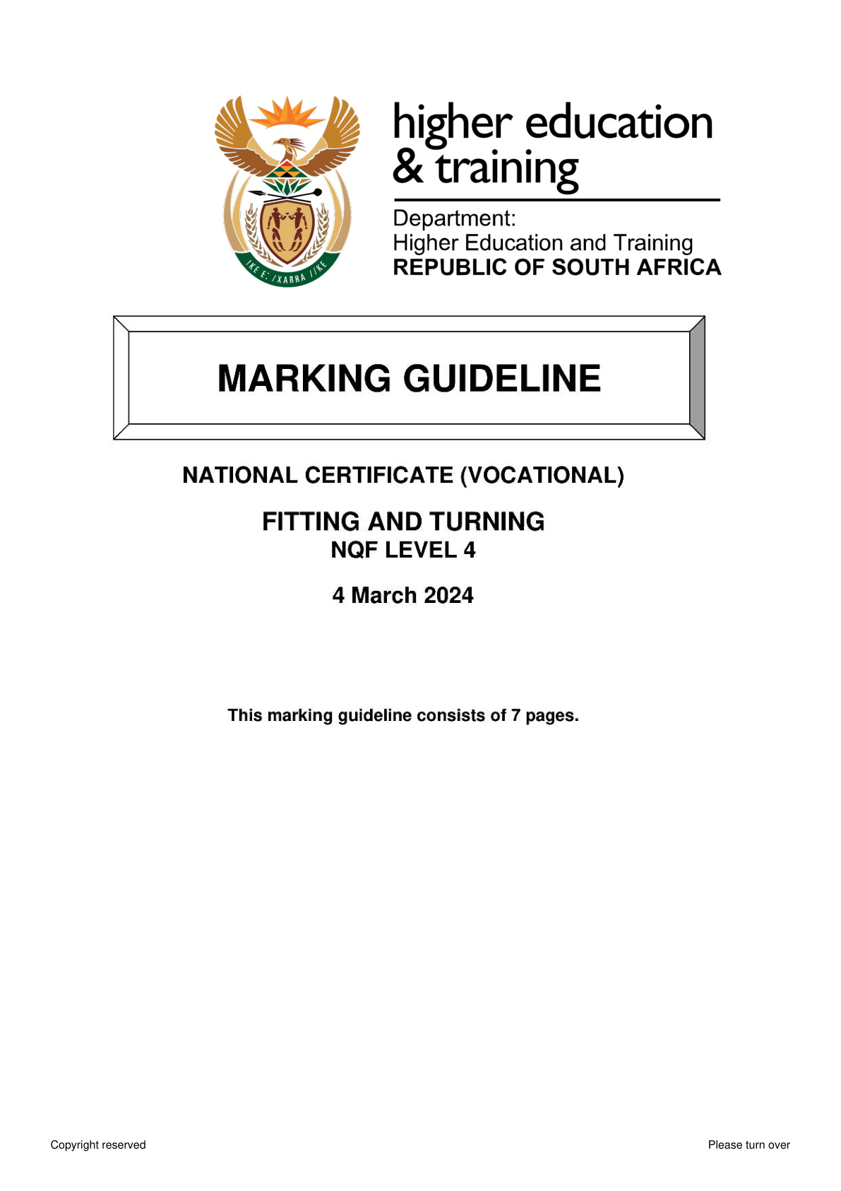 Fitting and Turning Level 4 DHET NCV February 2024 - Memo