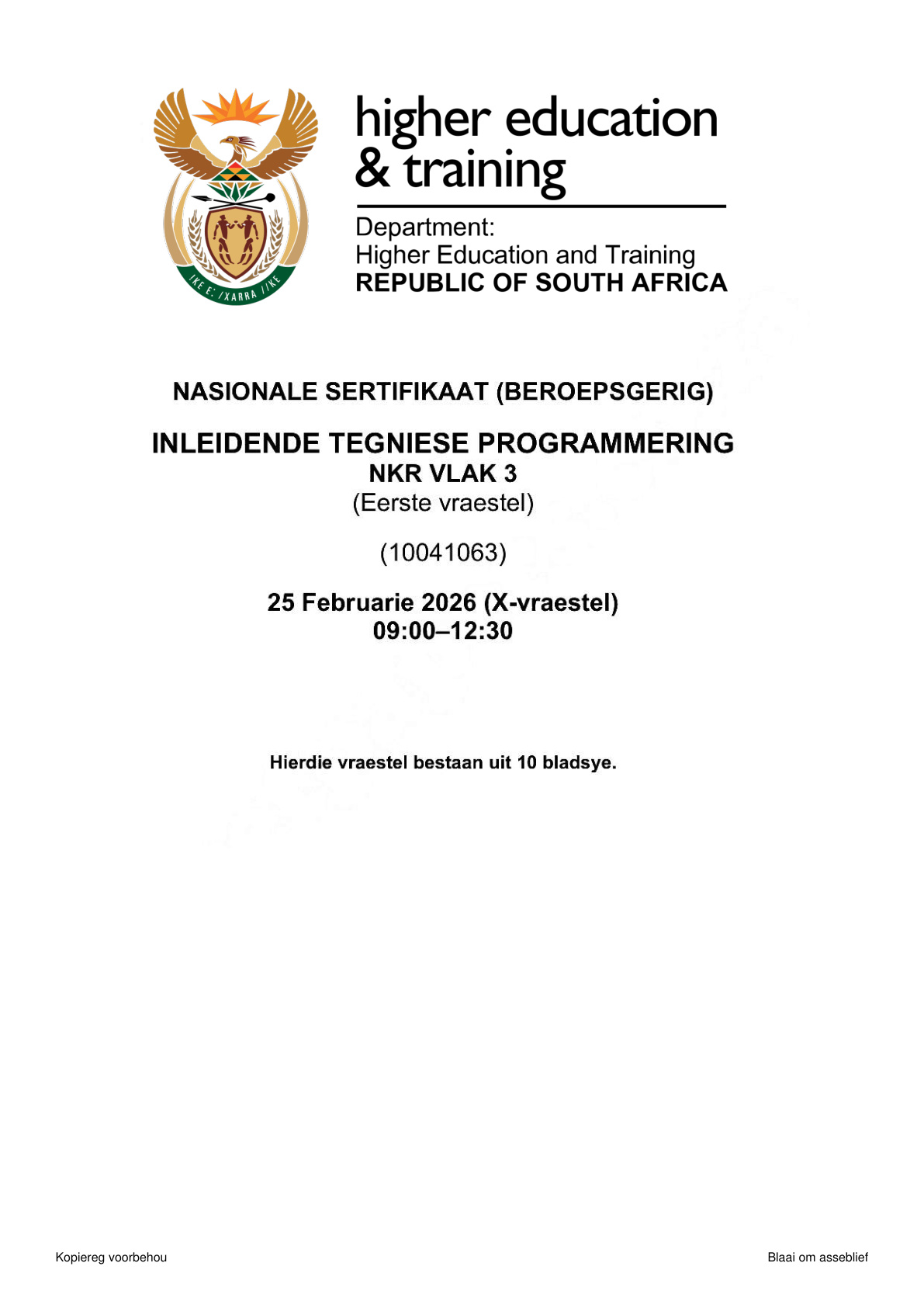 Introduction to Technical Programming Level 3 DHET NCV February 2026 Paper 1 - Question Paper