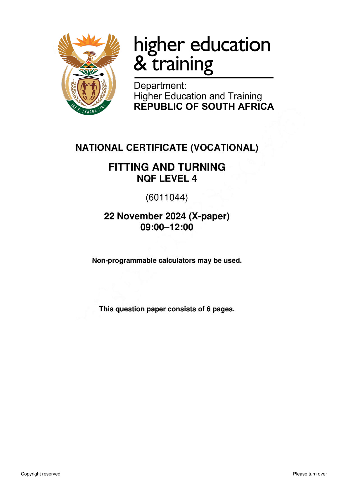 Fitting and Turning Level 4 DHET NCV November 2024 - Question Paper