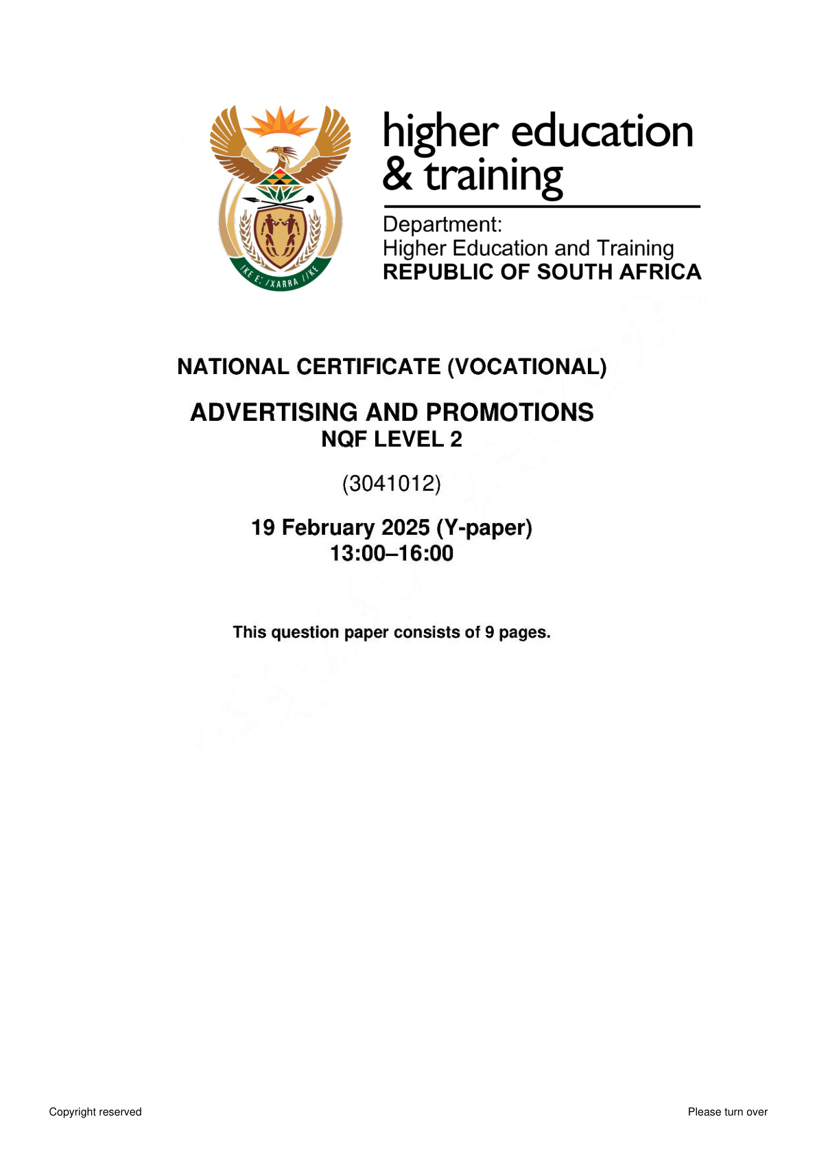 Advertising And Promotions Level 2 Dhet NCV February 2025 - Question Paper