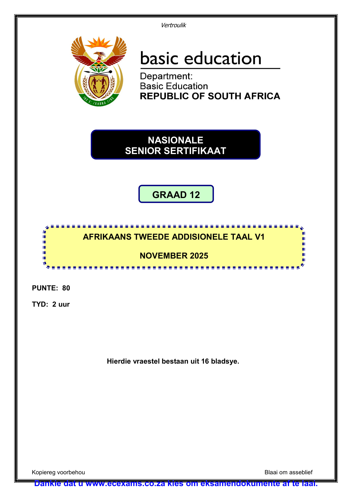 Afrikaans Second Additional Language Grade 12 DBE NSC November 2025 Paper 1 - Question Paper (Eastern Cape)
