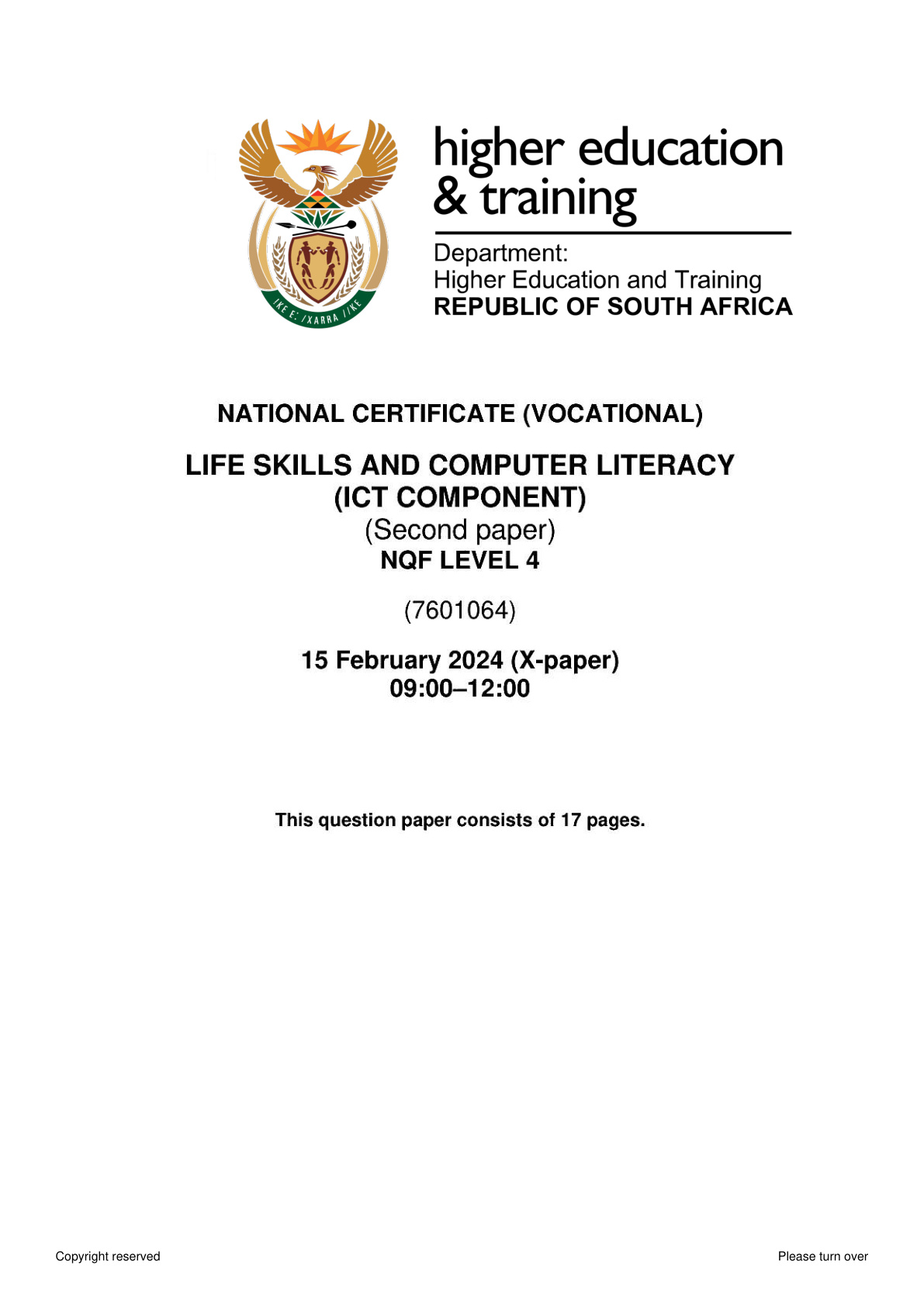 Life Skills And Computer Literacy Level 4 Dhet NCV 2024 Paper 2 - Question Paper