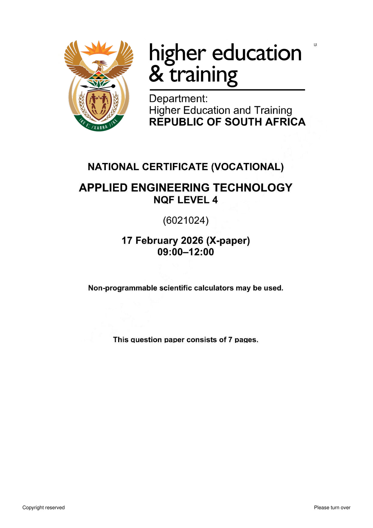Applied Engineering Technology Level 4 DHET NCV 2026 - Question Paper