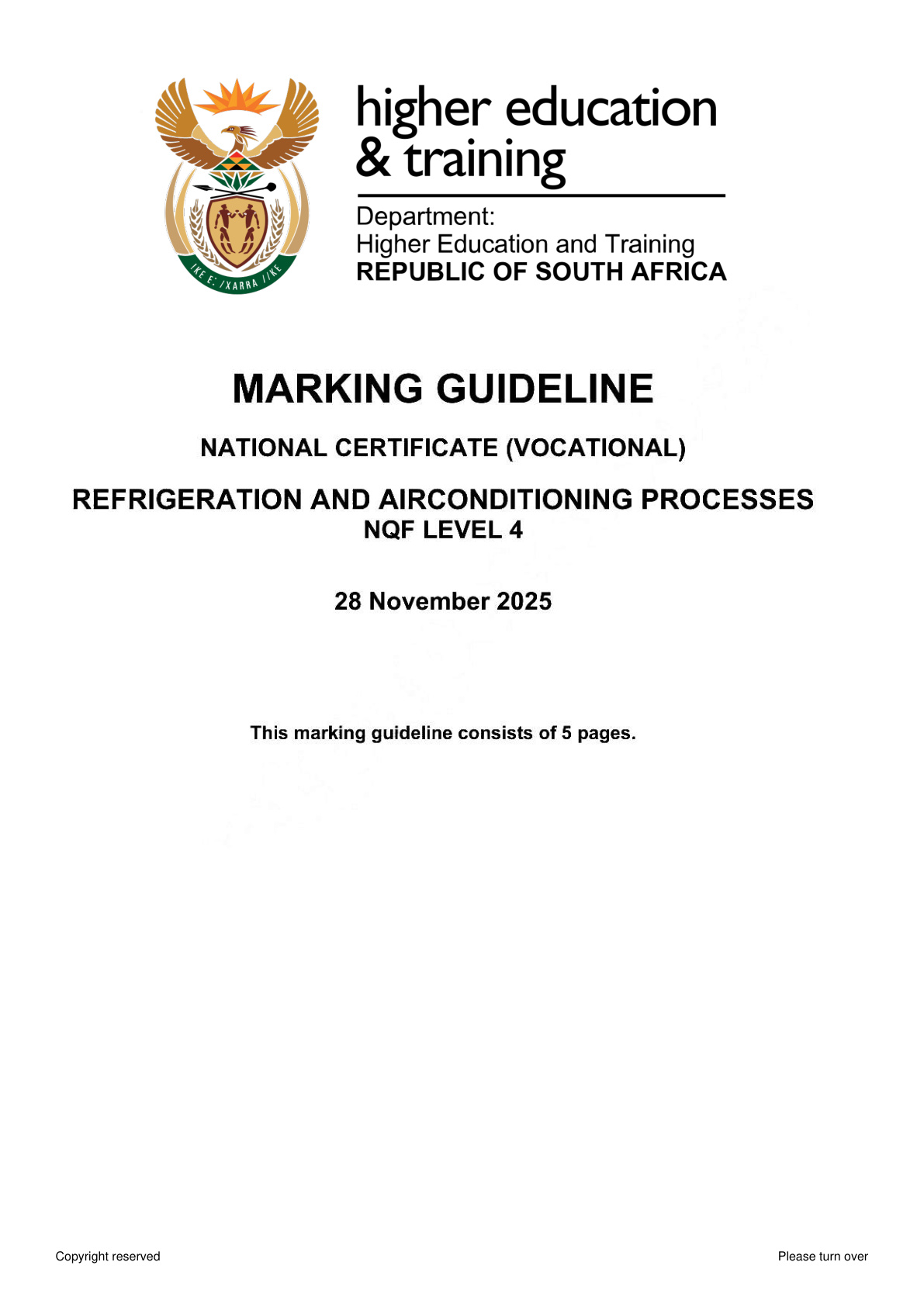 Refrigeration and Air Conditioning Processes Level 4 DHET NCV November 2025 - Memo
