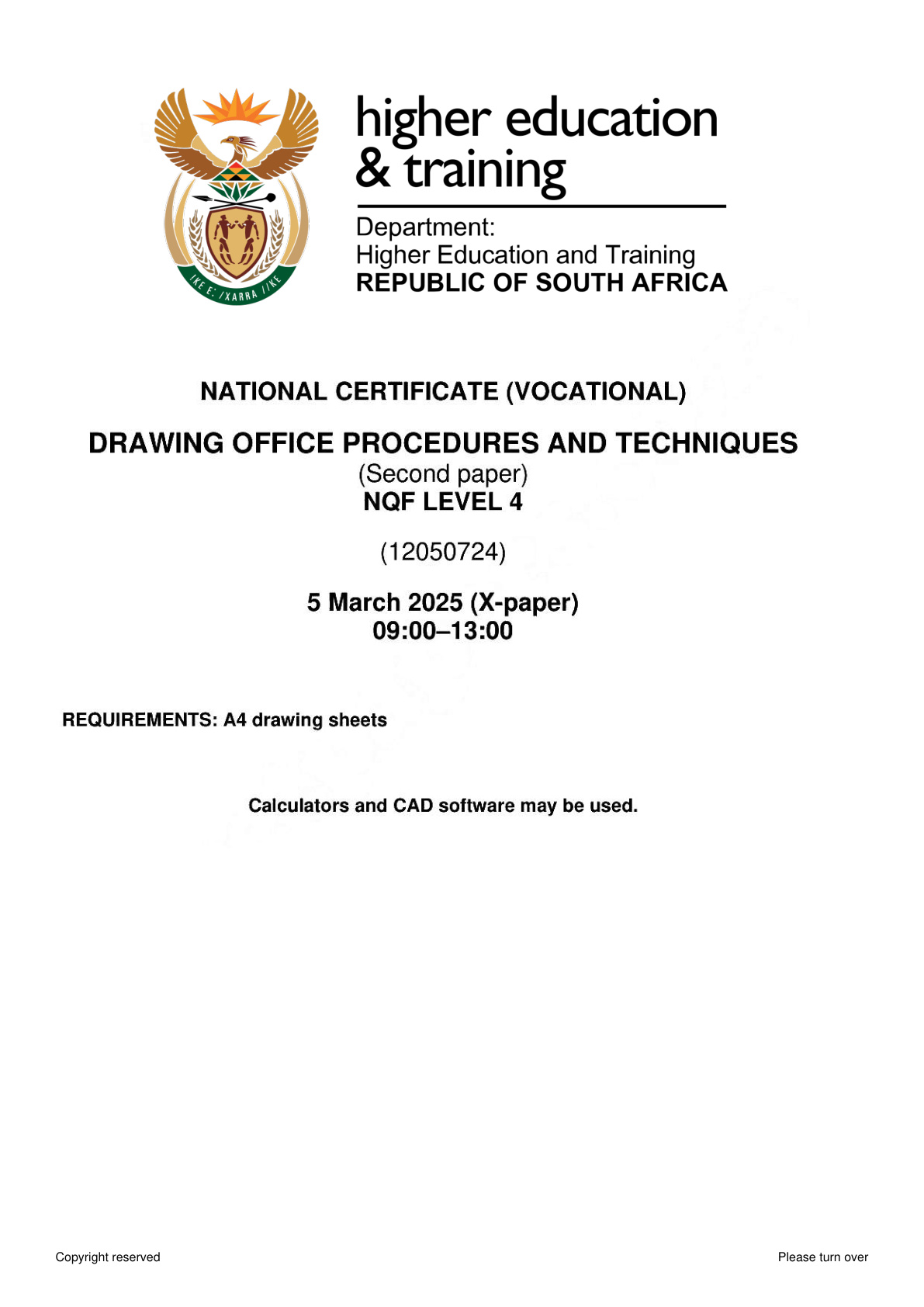 Drawing Office Procedures and Techniques Level 4 DHET NCV February 2025 Paper 2 - Question Paper