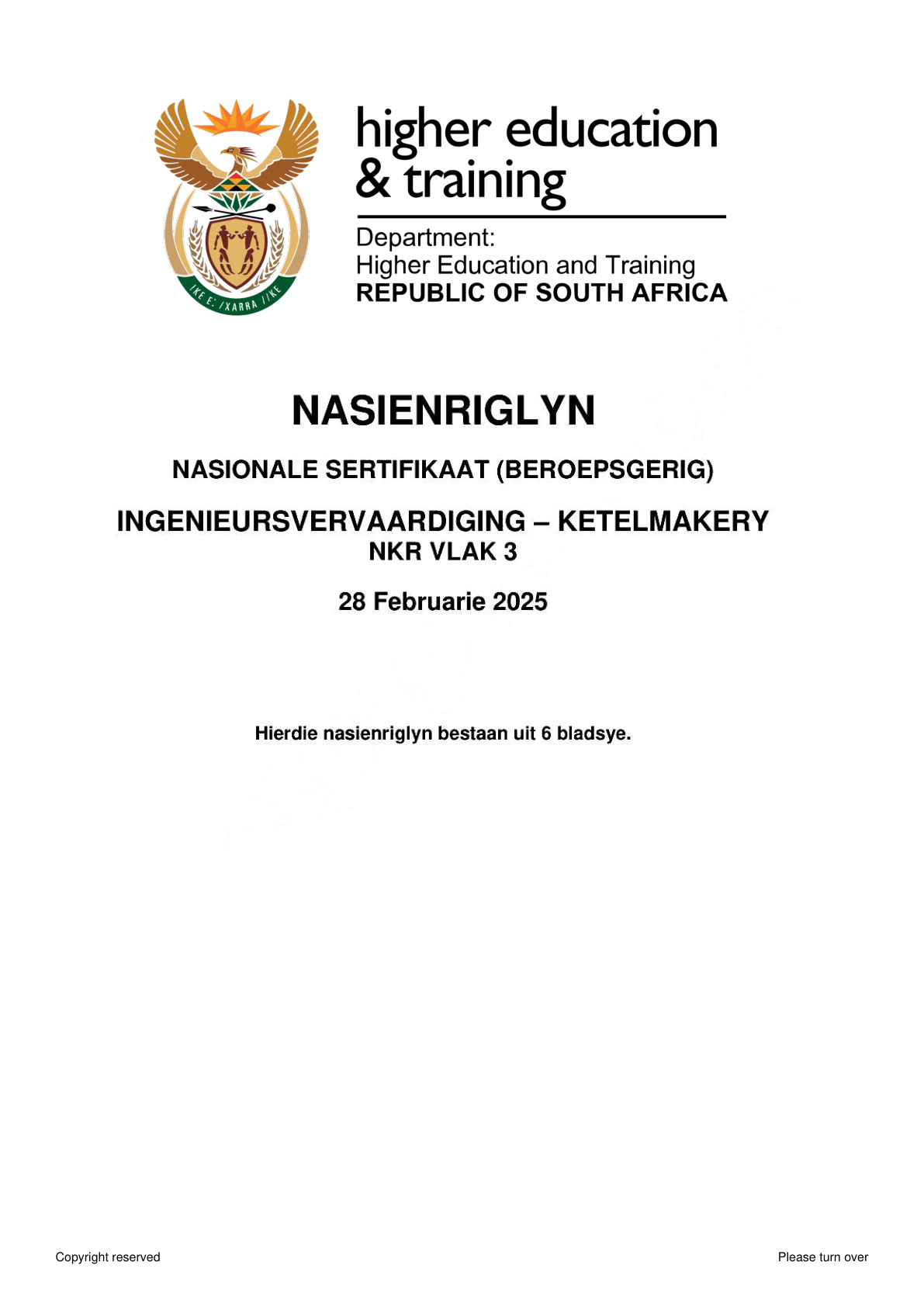 Engineering Fabrication: Boilermaking Level 3 DHET NCV February 2025 - Memo