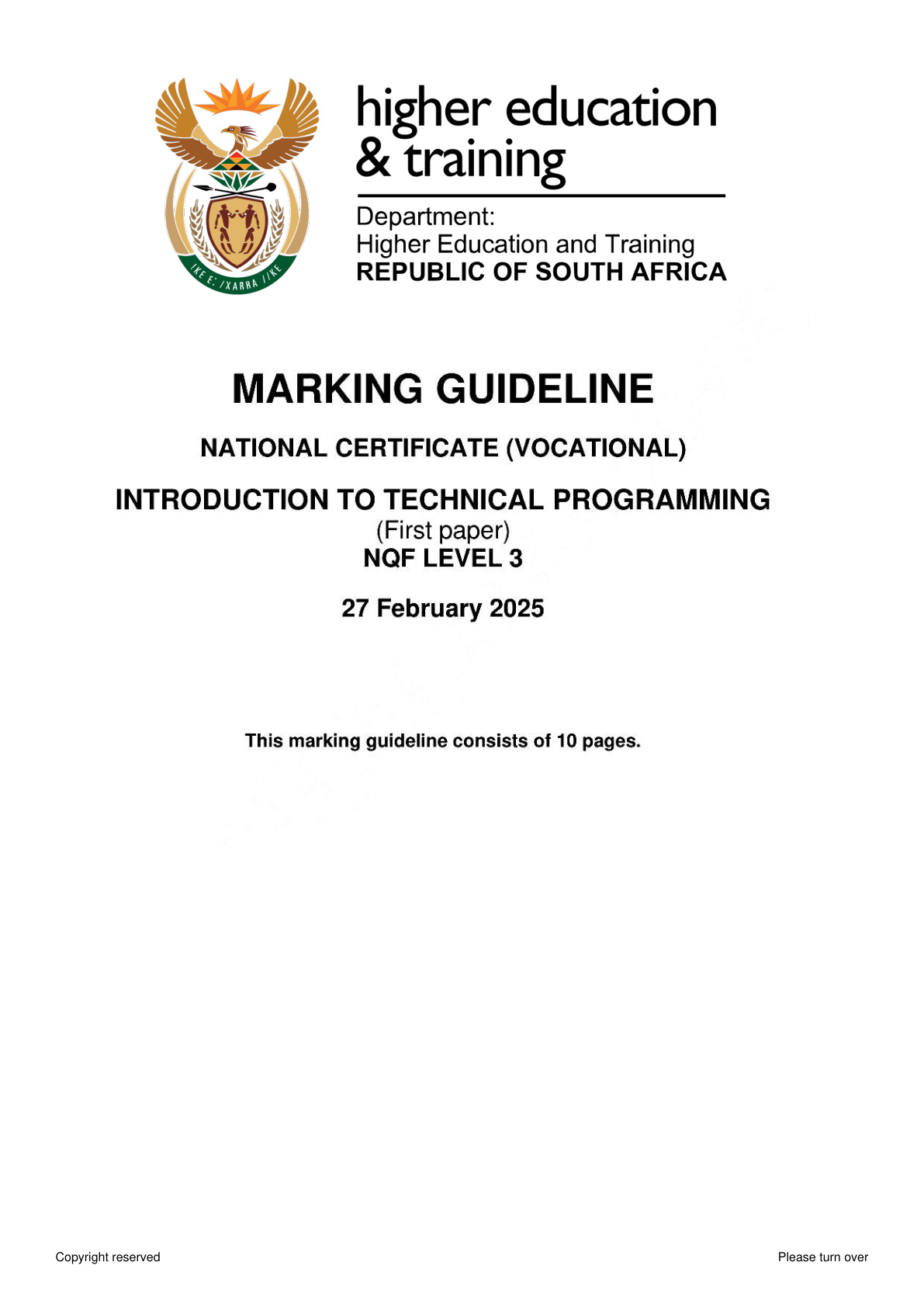 Introduction to Technical Programming Level 3 DHET NCV February 2025 Paper 1 - Memo