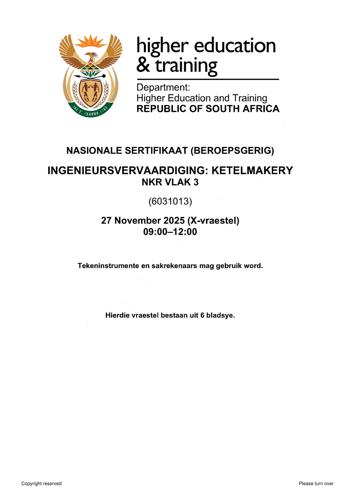 Engineering Fabrication: Boilermaking Level 3 DHET NCV November 2025 - Question Paper