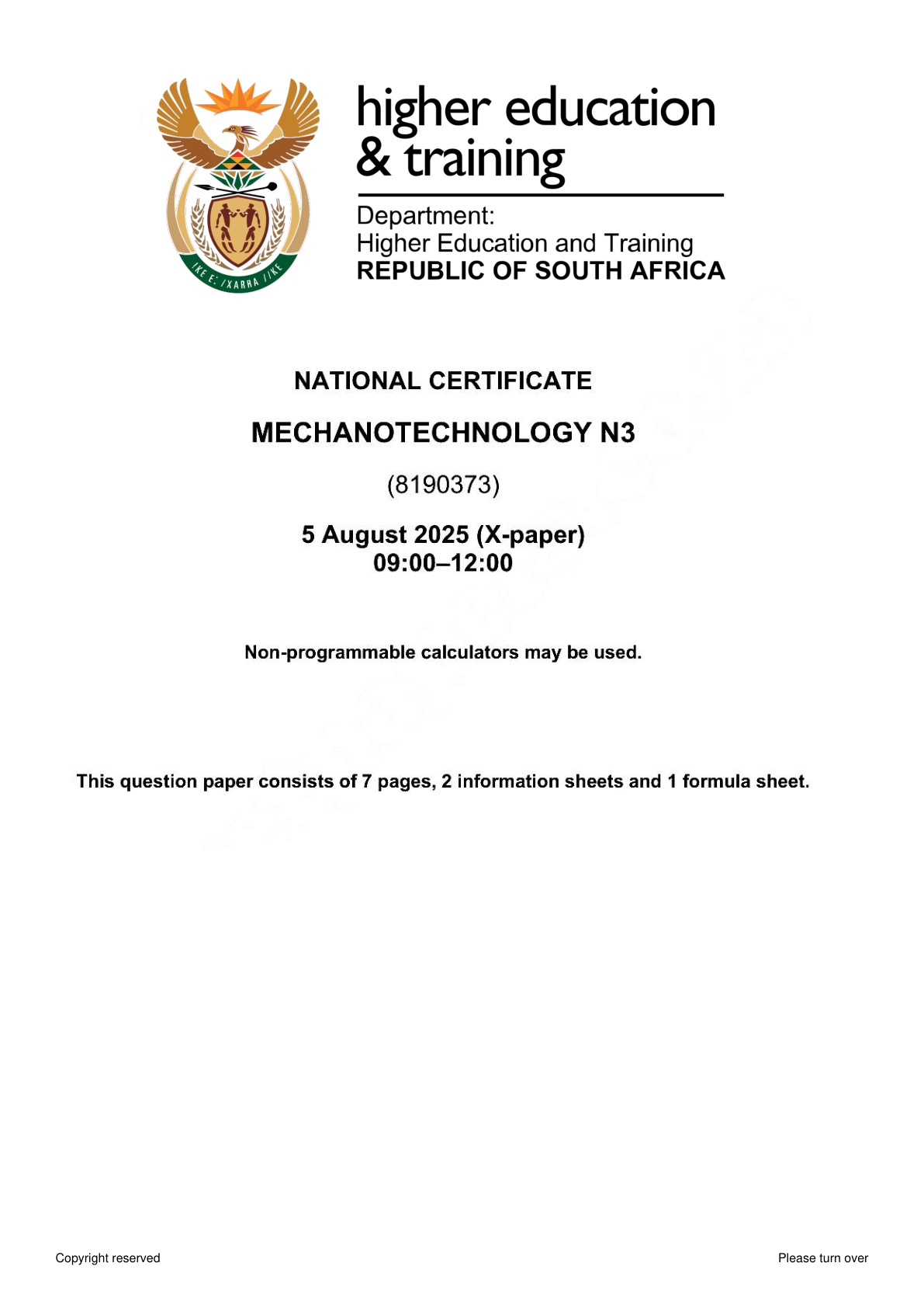 Mechanotechnology N3 DHET NATED August 2025 Paper X - Question Paper