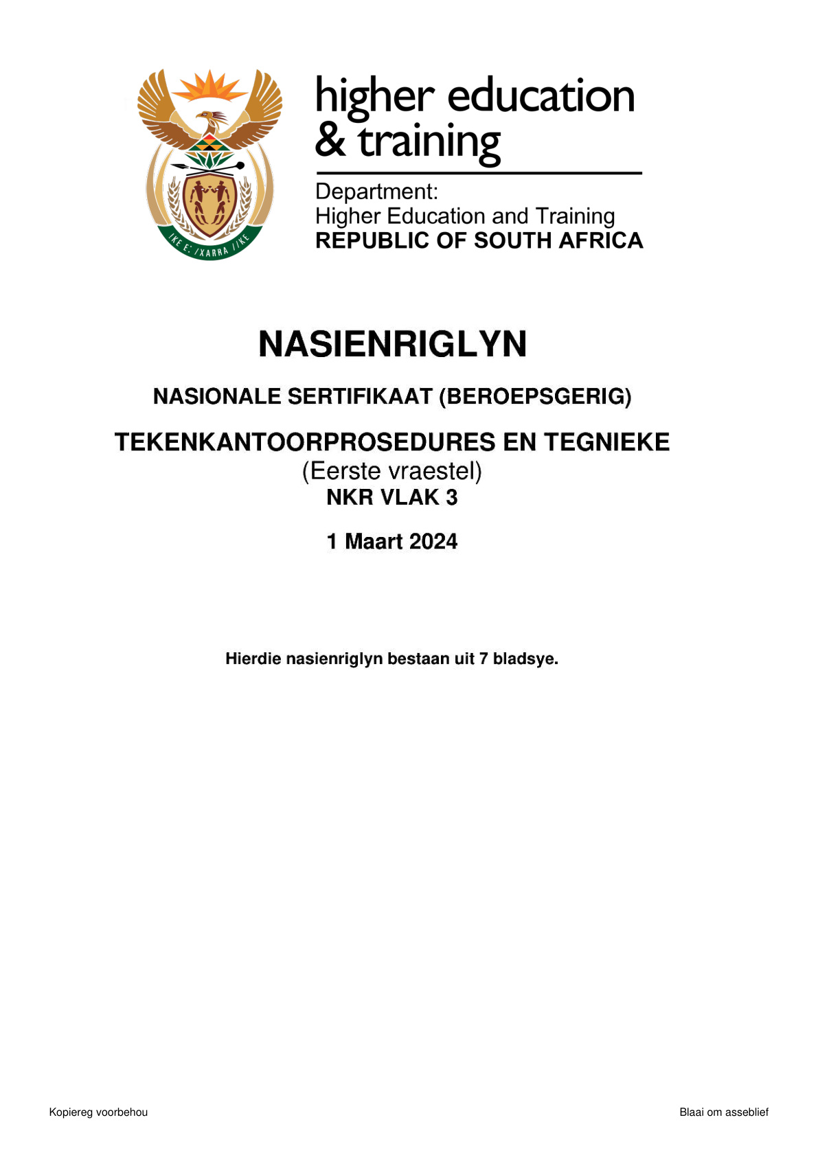 Drawing Office Procedures and Techniques Level 3 DHET NCV 2024 Paper 1 - Memo