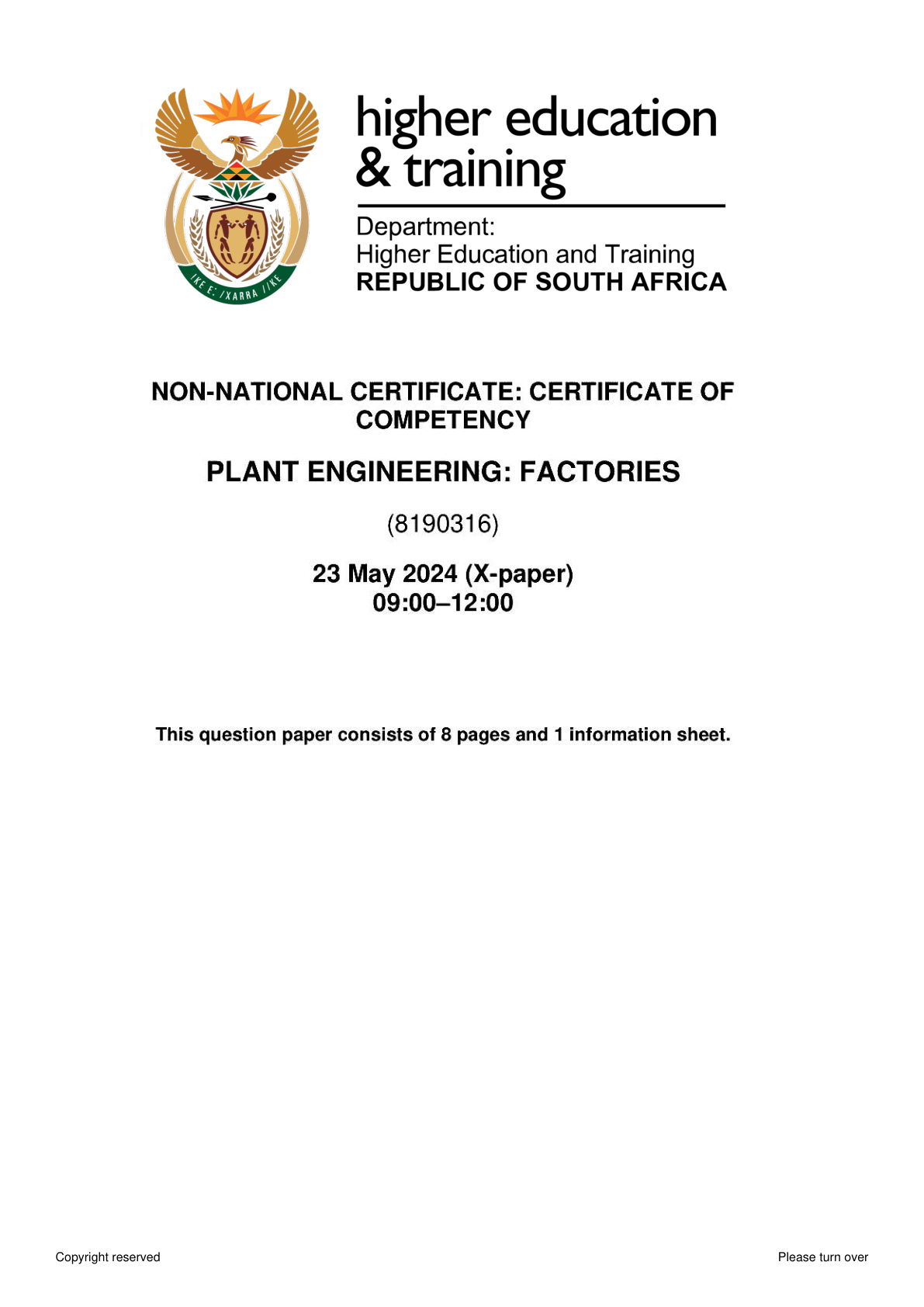 Plant Engineering Certificate of Competency June 2024 Paper X - Question Paper