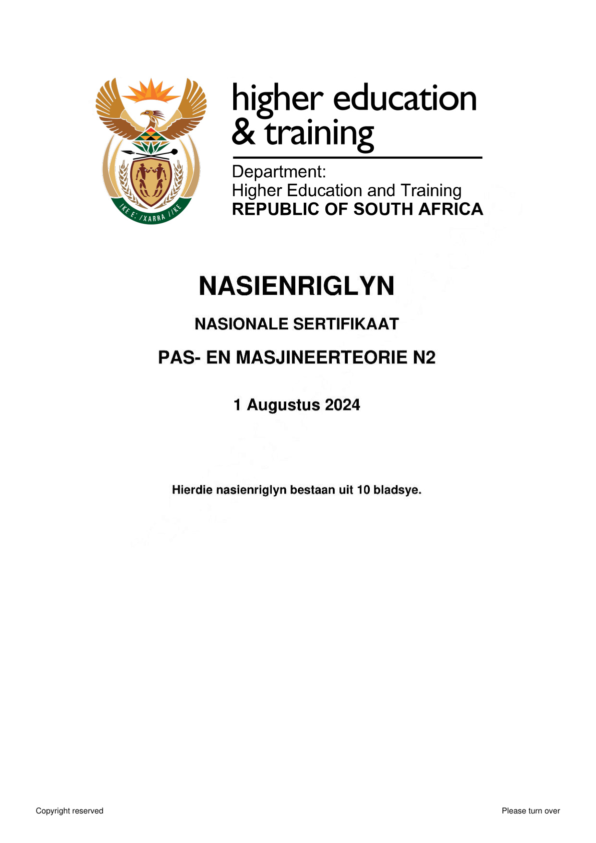 Fitting and Machining Theory N2 DHET NATED August 2024 - Memo