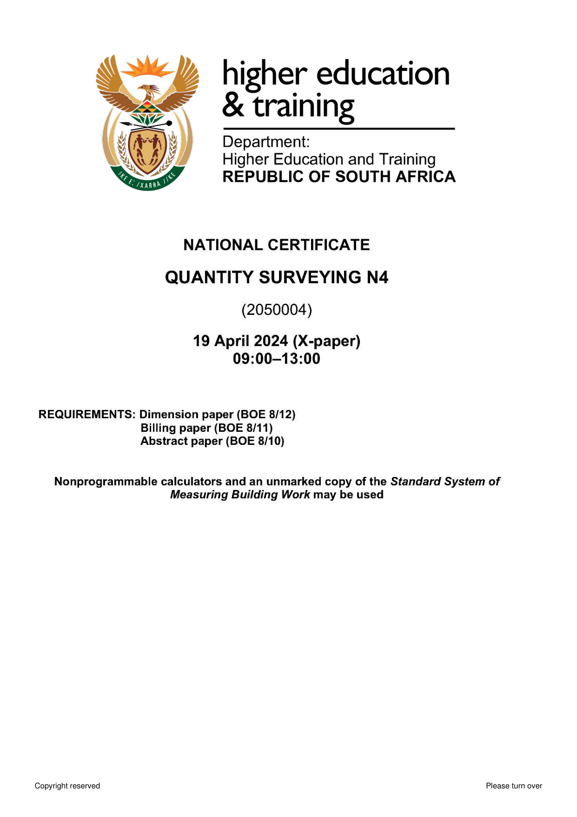 Quantity Surveying N4 DHET NATED April 2024 Paper X - Question Paper