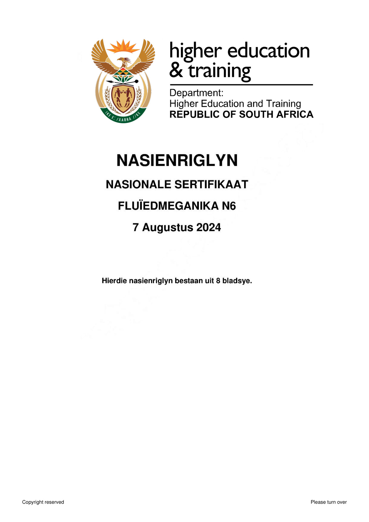 Fluid Mechanics N6 DHET NATED August 2024 - Memo