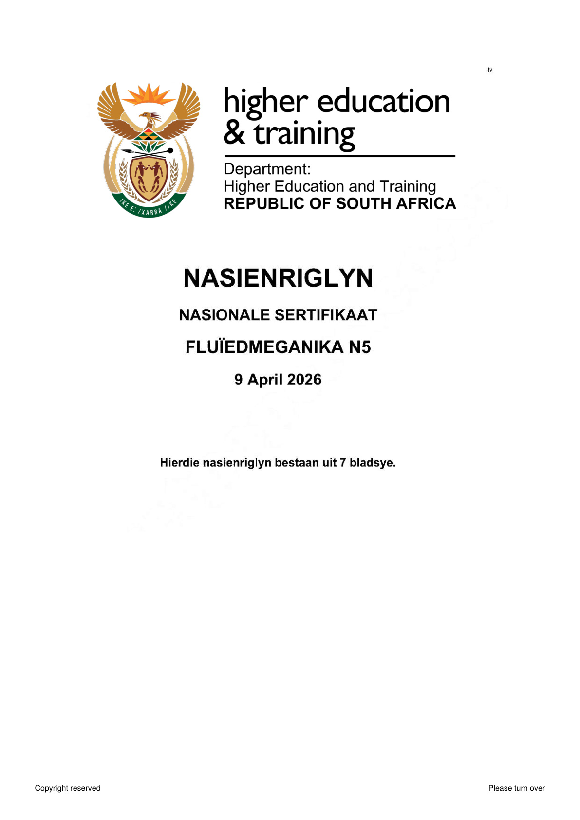 Fluid Mechanics N5 DHET NATED April 2026 - Memo