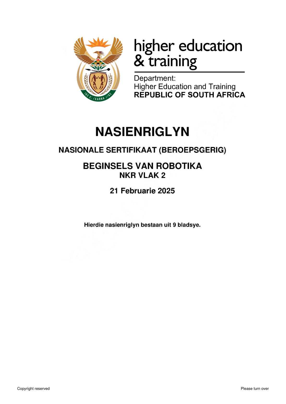 Robotics Fundamentals Level 2 DHET NCV February 2025 Paper 1 - Memo