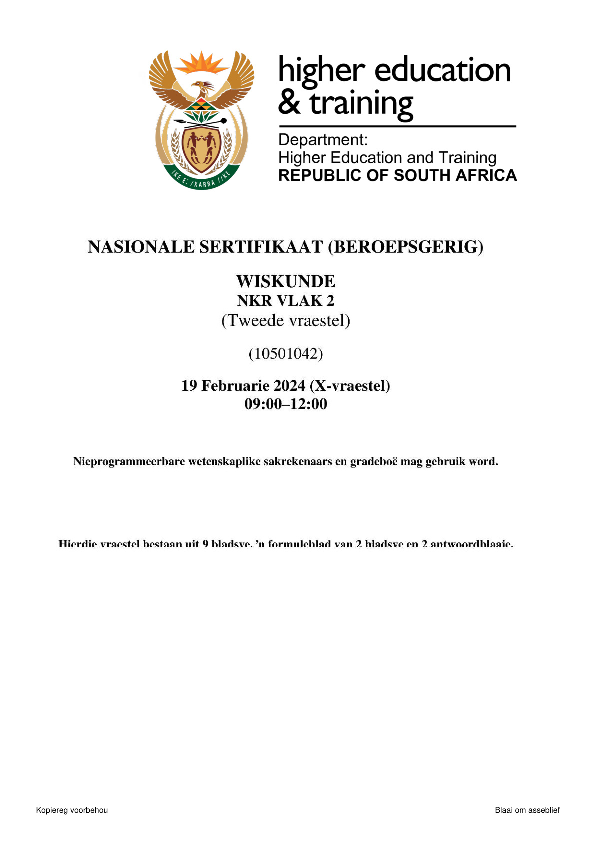 Mathematics Level 2 DHET NCV 2024 Paper 2 - Question Paper