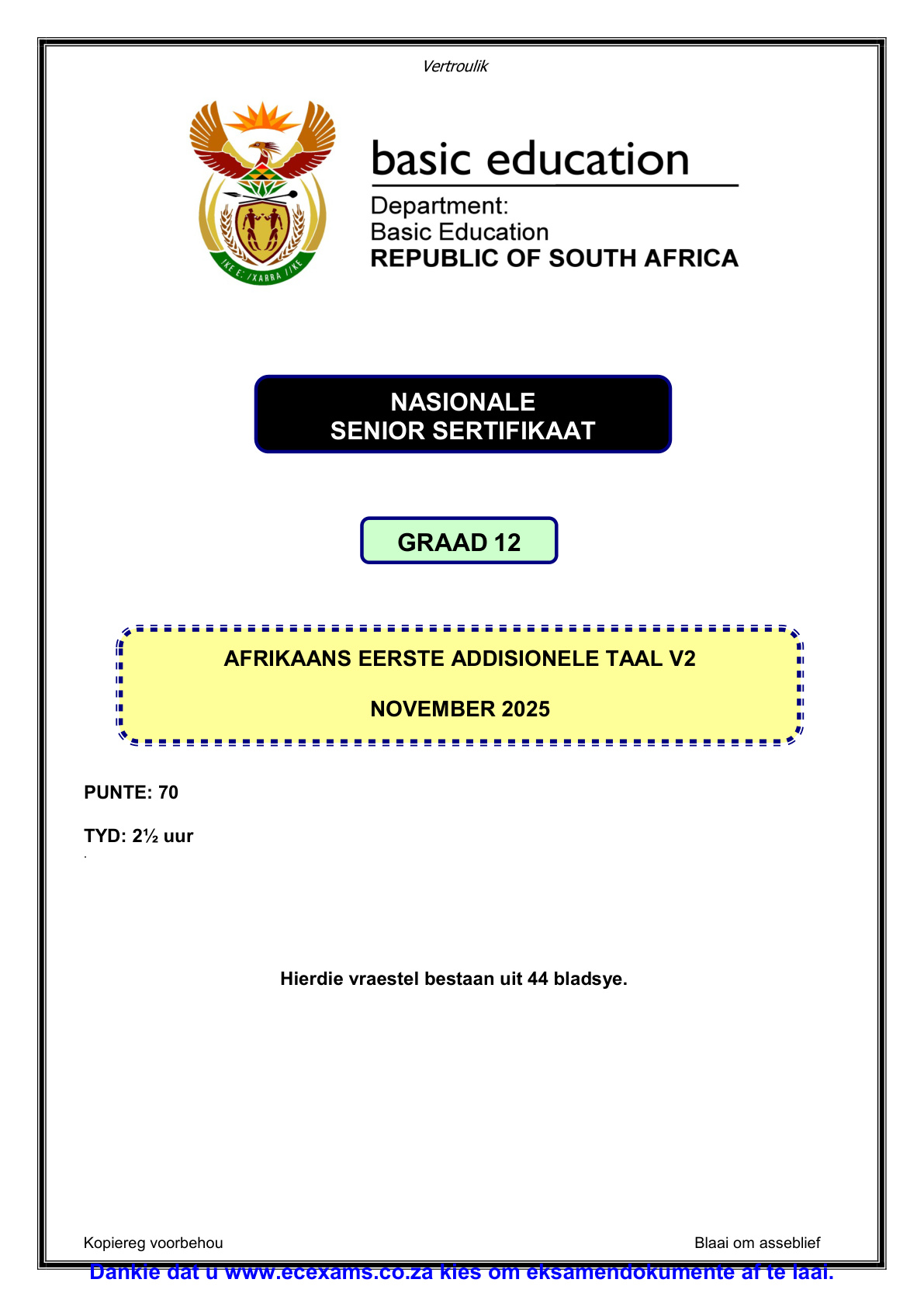 Afrikaans First Additional Language Grade 12 DBE NSC November 2025 Paper 2 - Question Paper (Eastern Cape)