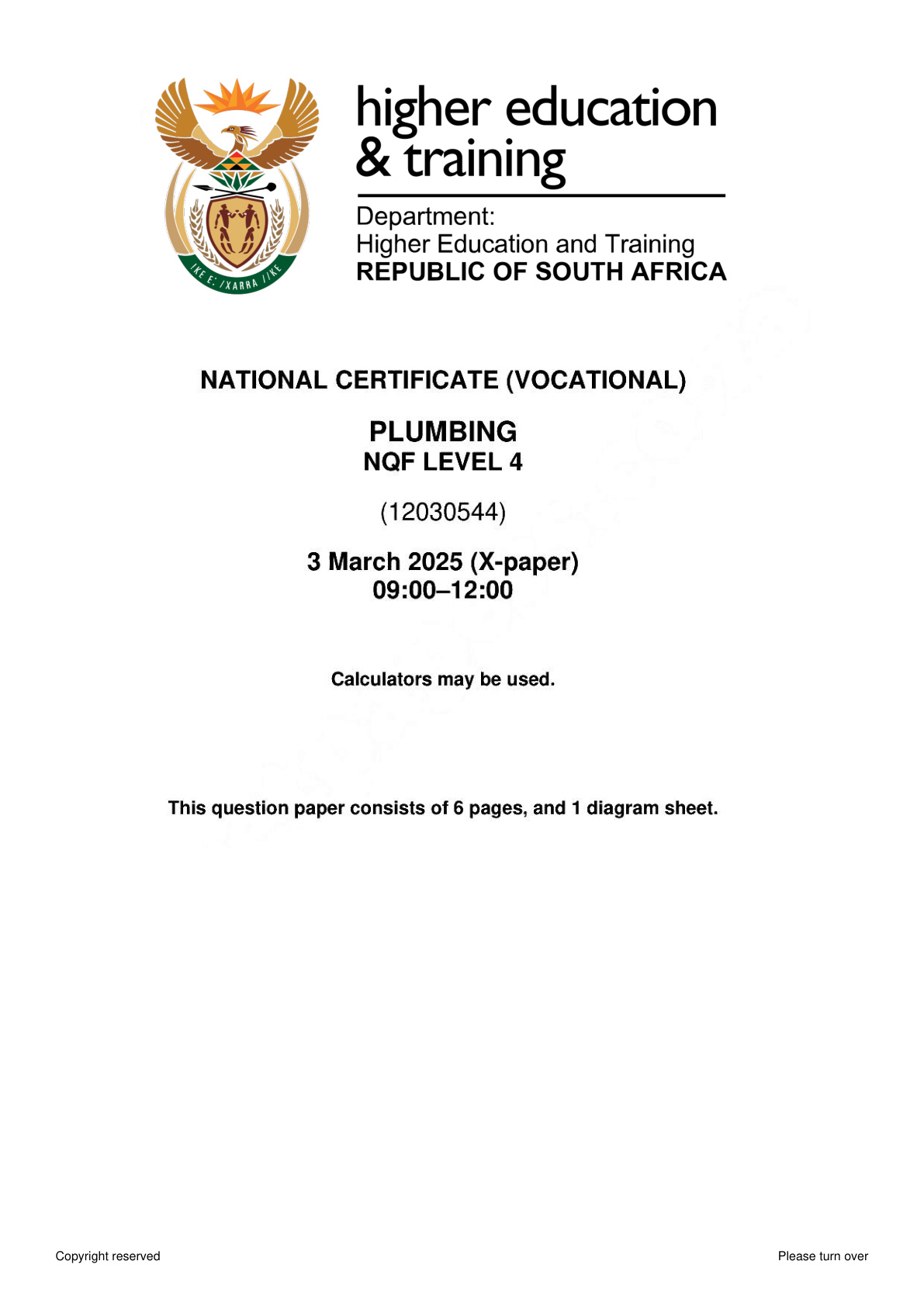 Plumbing Level 4 DHET NCV February 2025 - Question Paper