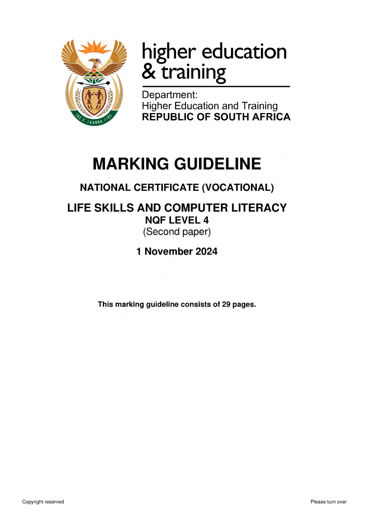 Life Skills And Computer Literacy Level 4 Dhet NCV November 2024 Paper 2 - Memo