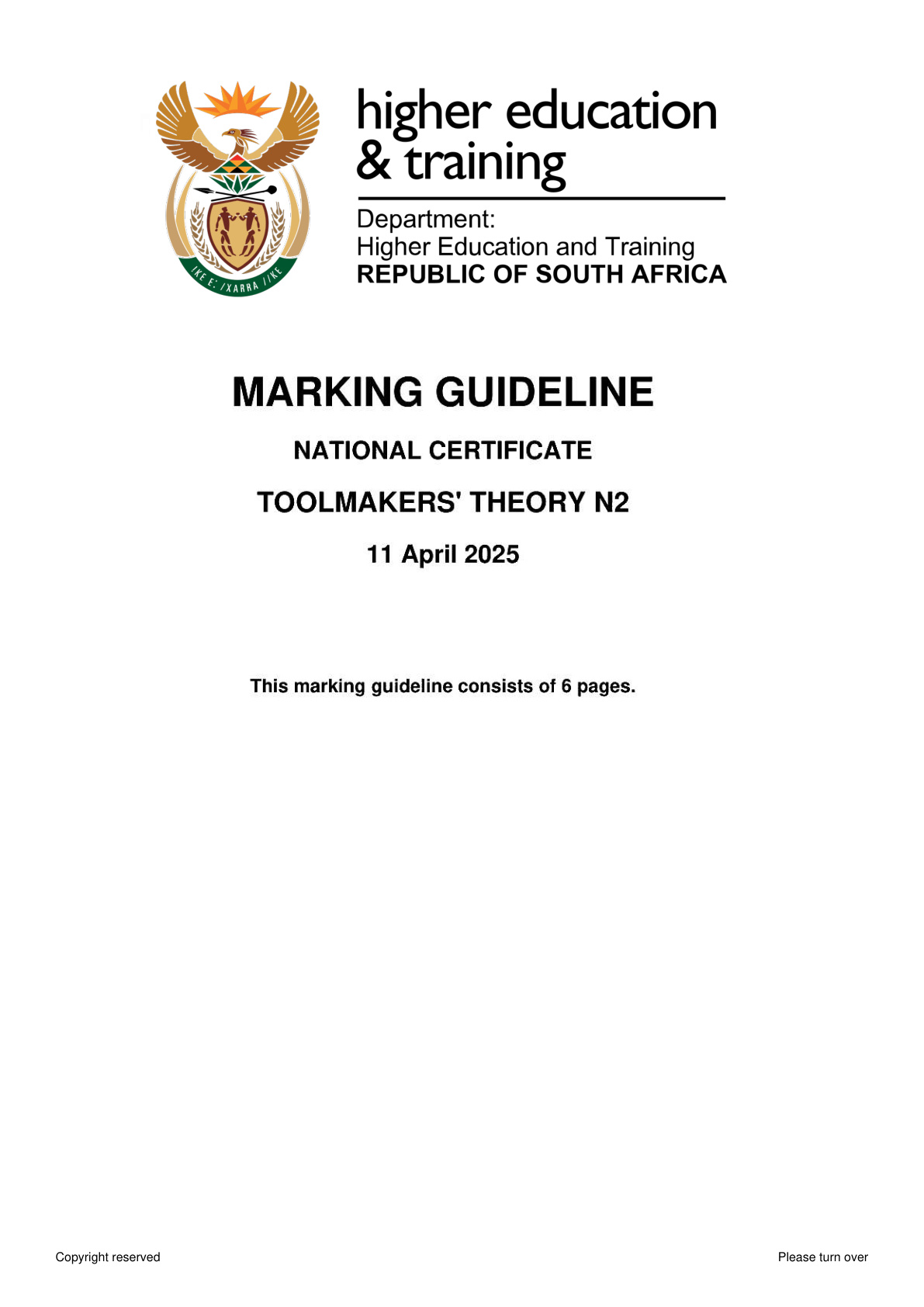 Toolmakers' Theory N2 DHET NATED April 2025 - Memo
