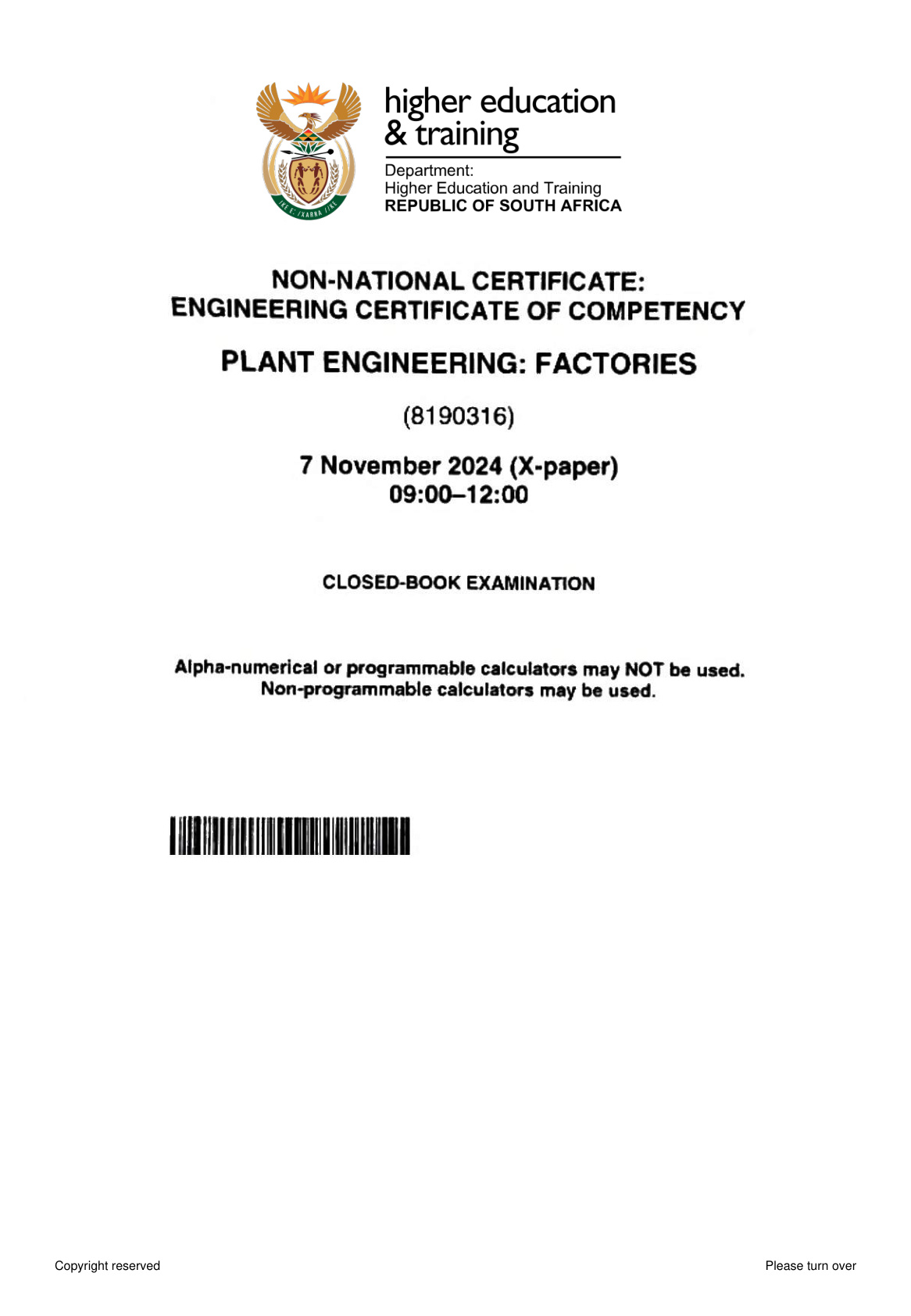 Plant Engineering Certificate of Competency November 2024 Paper X - Question Paper