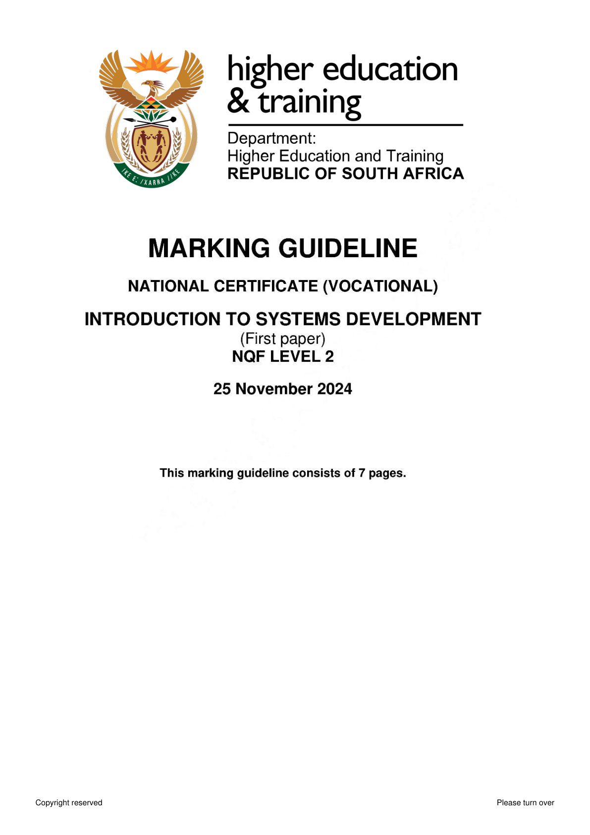 INTRODUCTION TO SYSTEMS DEVELOPMENT Level 2 DHET NCV November 2024 Paper 1 - Memo