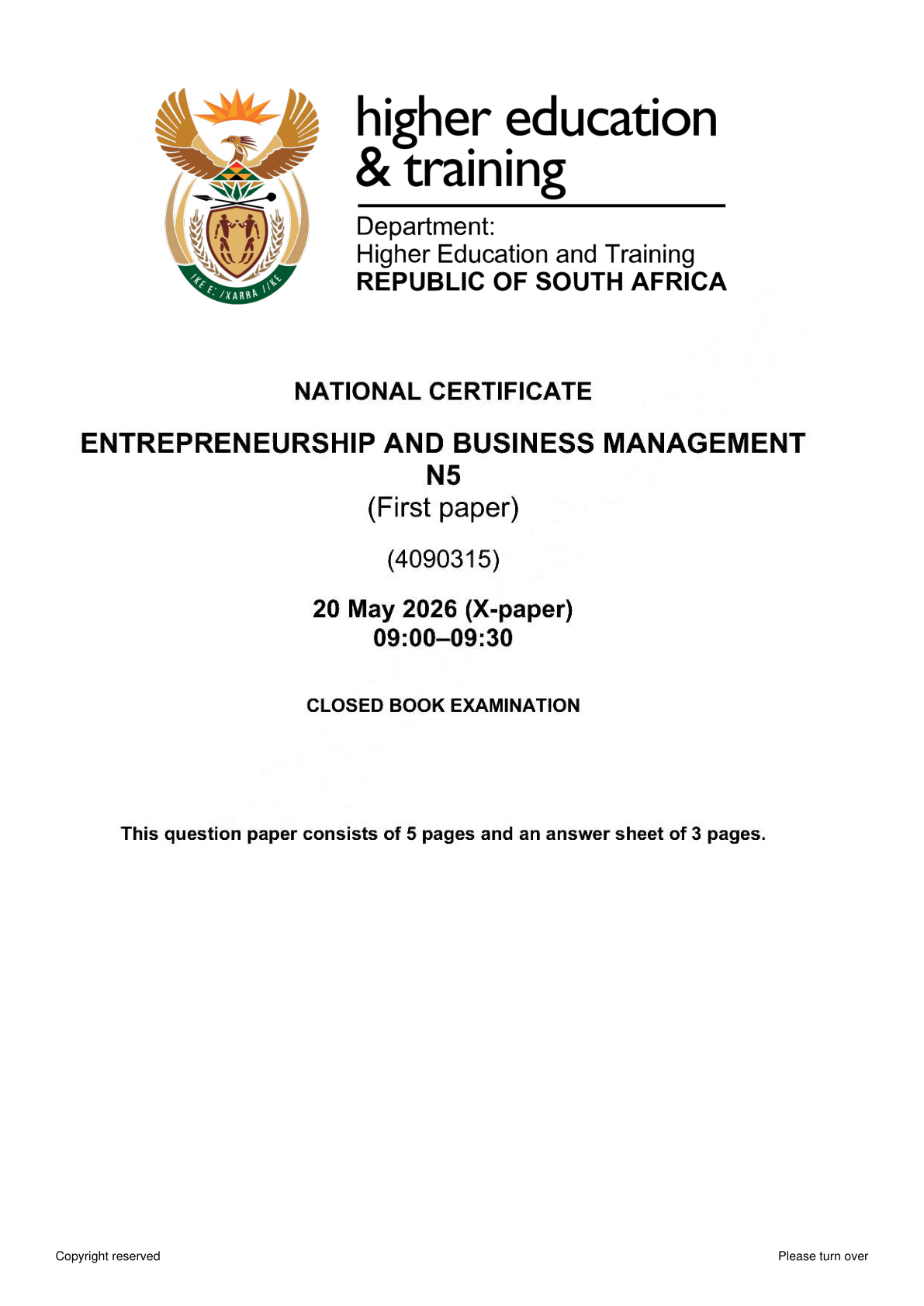 Entrepreneurship And Business Management N5 Dhet Nated 2026 - Answer Book Paper 1