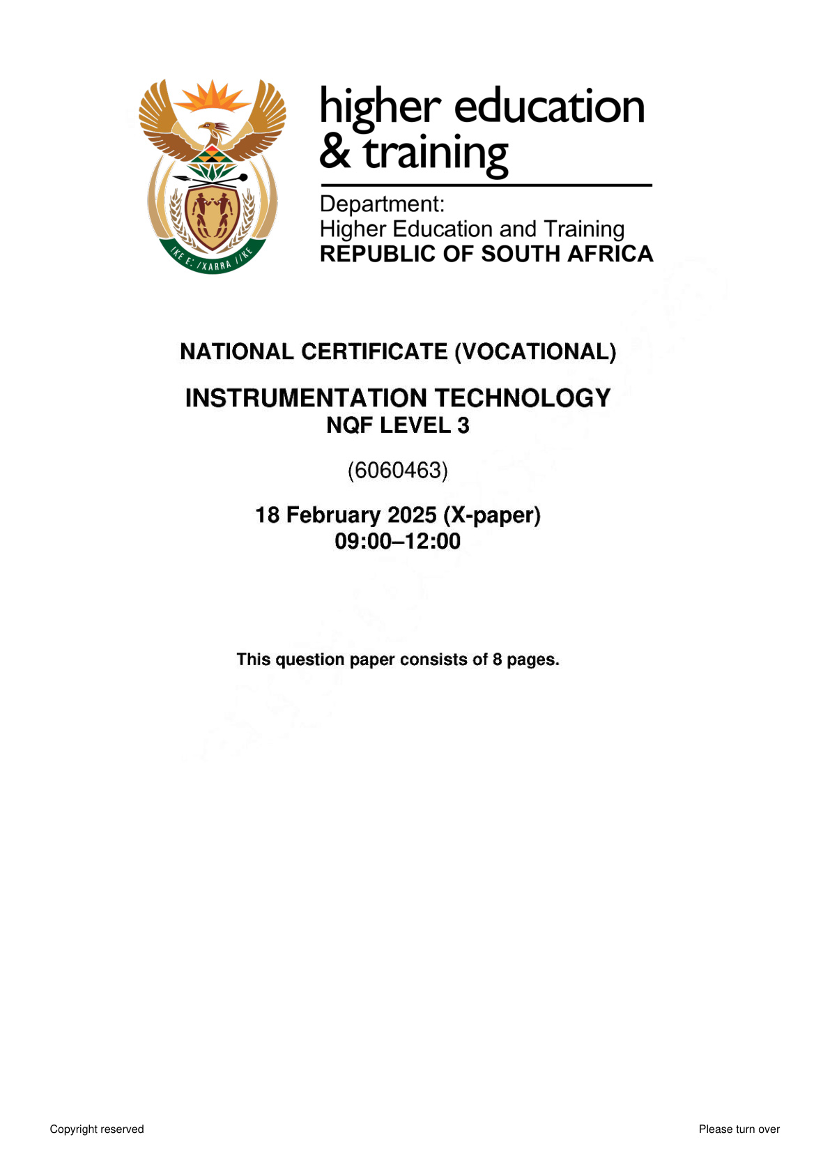 Instrumentation Technology Level 3 DHET NCV February 2025 - Question Paper