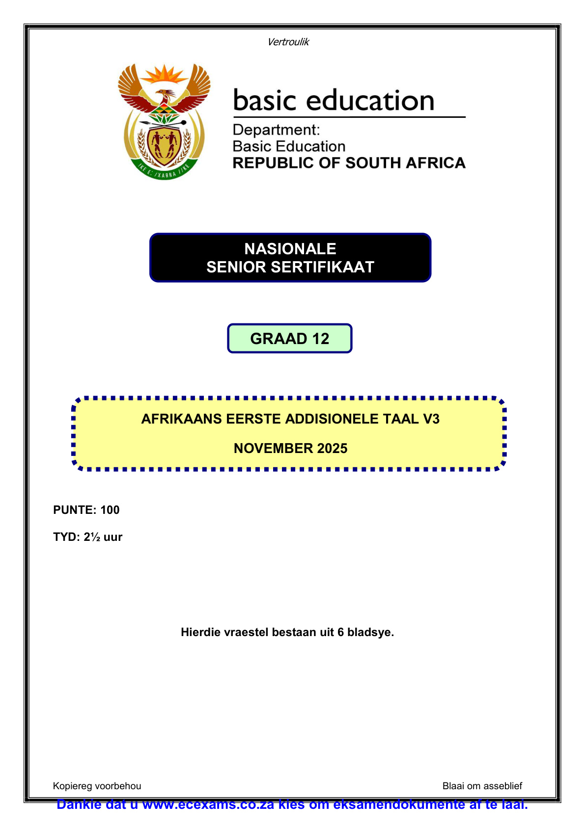 Afrikaans First Additional Language Grade 12 DBE NSC November 2025 Paper 3 - Question Paper (Eastern Cape)
