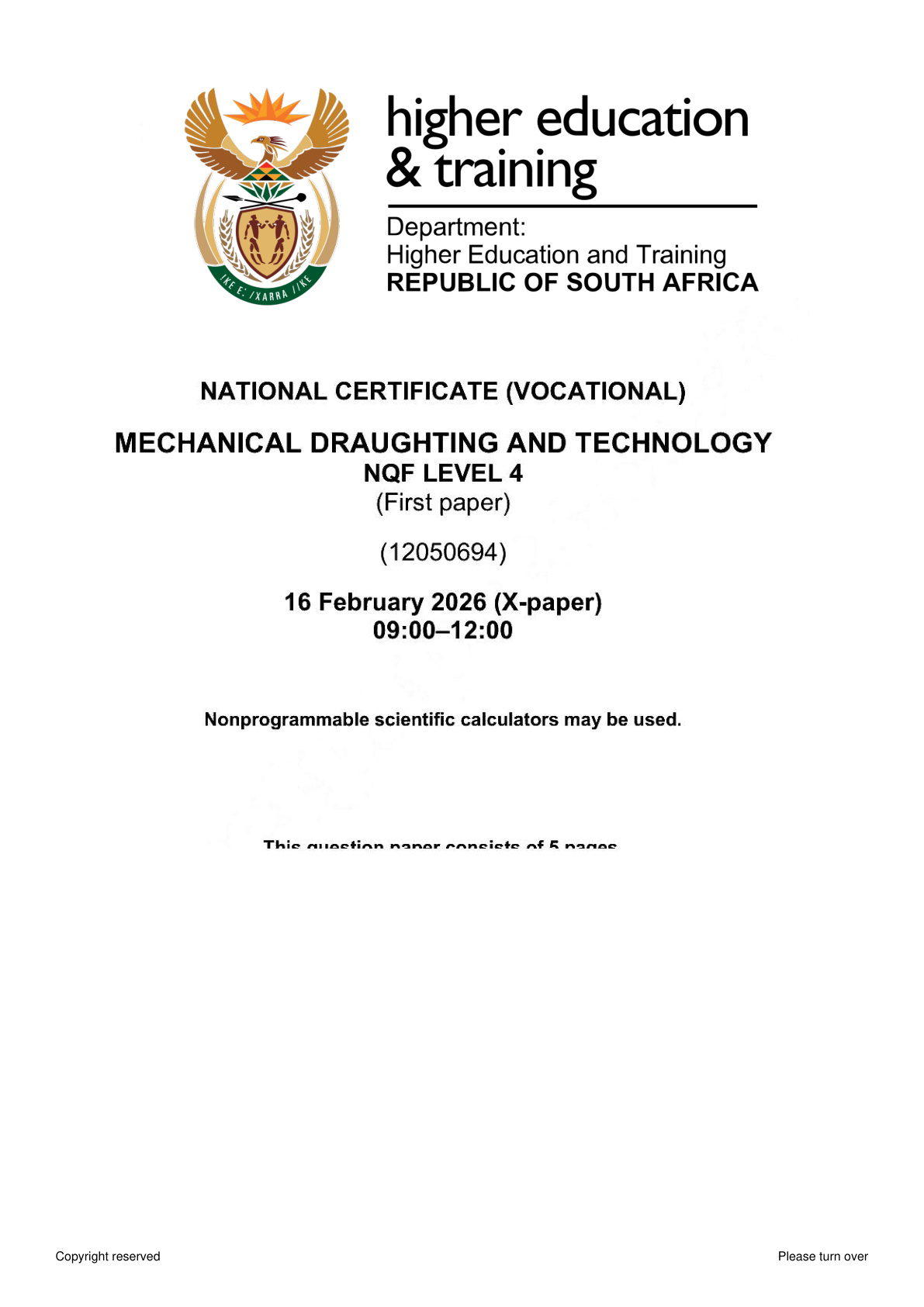Mechanical Draughting and Technology Level 4 DHET NCV 2026 Paper 1 - Question Paper