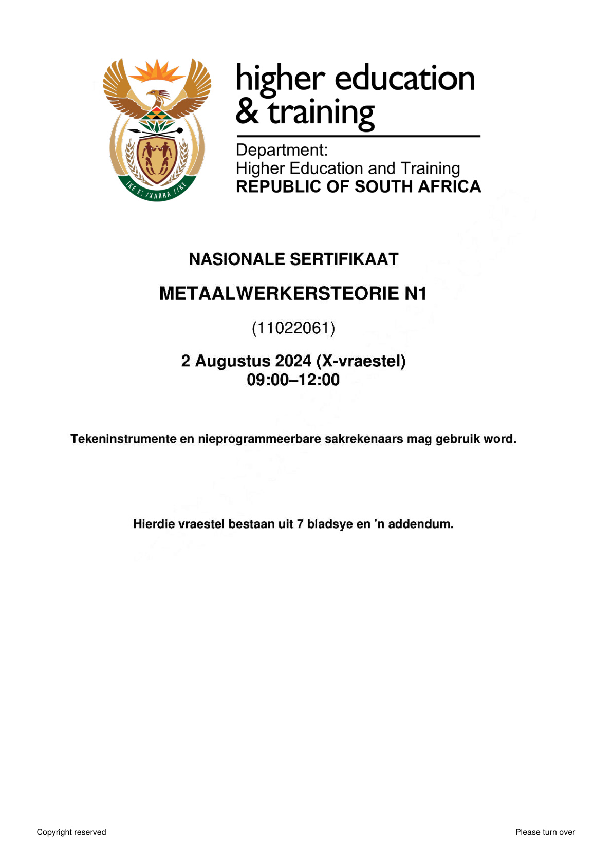 Metal Workers' Theory N1 DHET NATED August 2024 Paper X - Question Paper