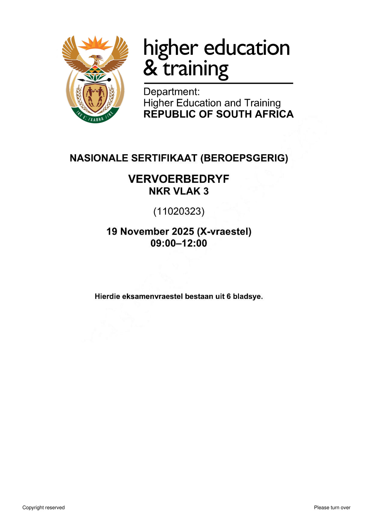 Transport Operations Level 3 DHET NCV November 2025 - Question Paper