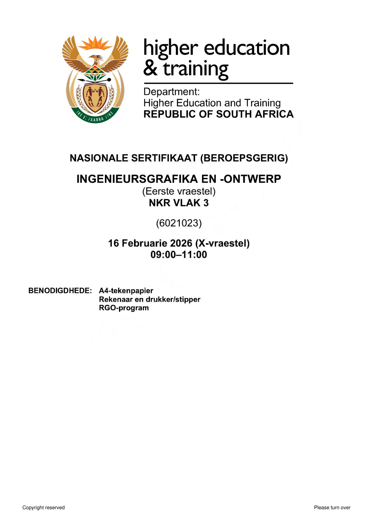 Engineering Graphics and Design Level 3 DHET NCV 2026 Paper 1 - Question Paper